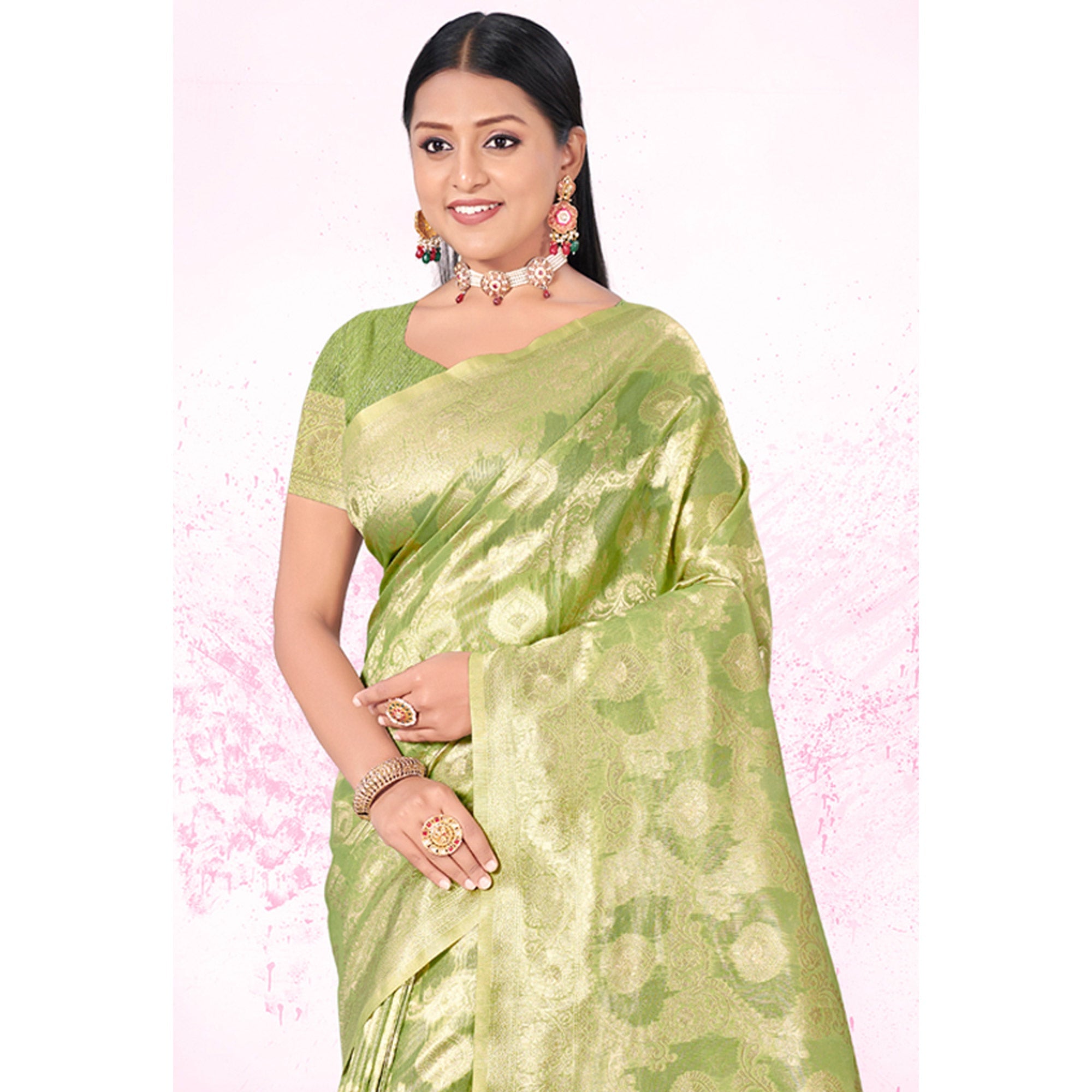 Peachmode Light Green Woven Cotton Blend Saree - view 4