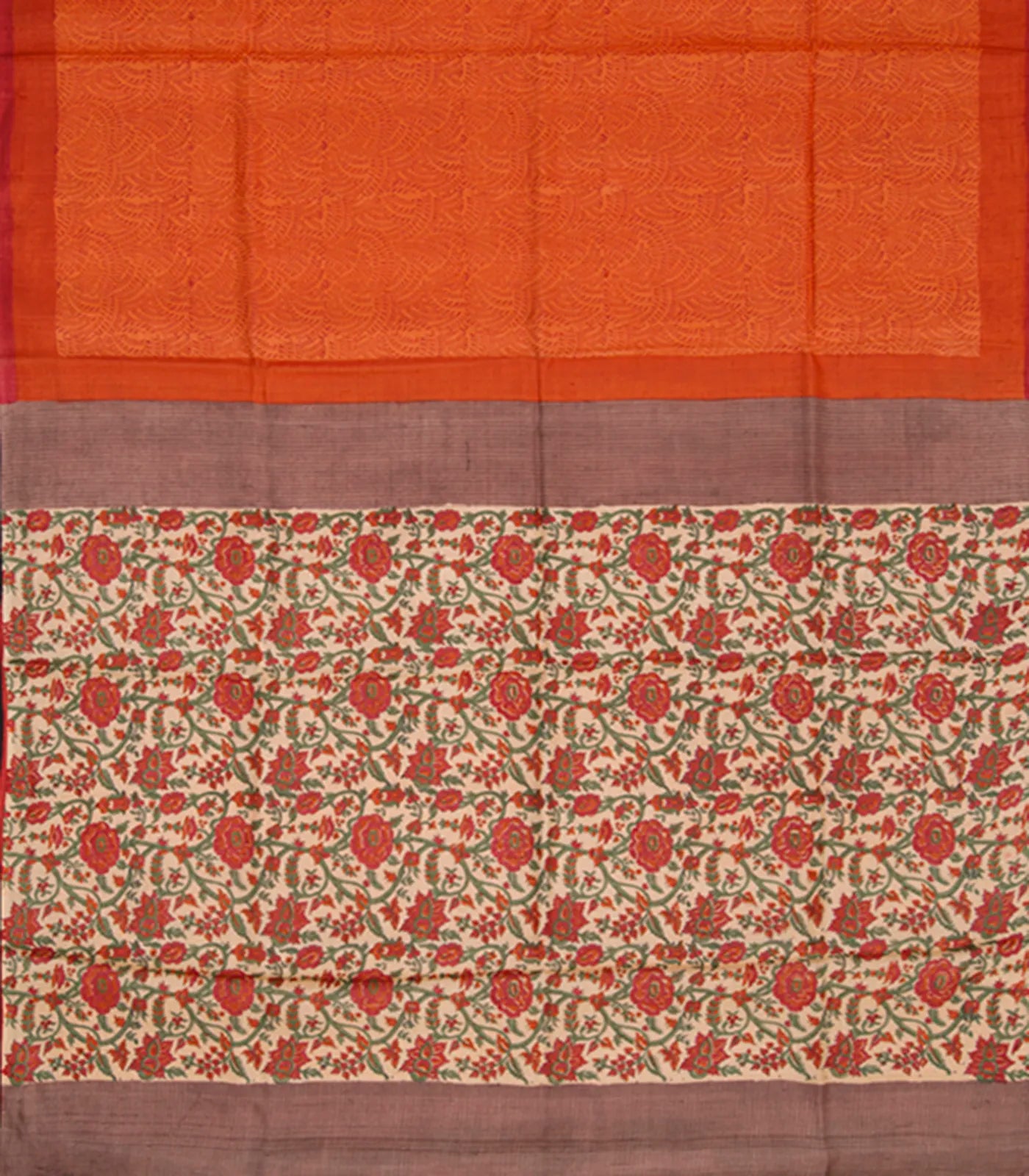 RmKV Orange Tussar Silk Saree With Block Print - view 2