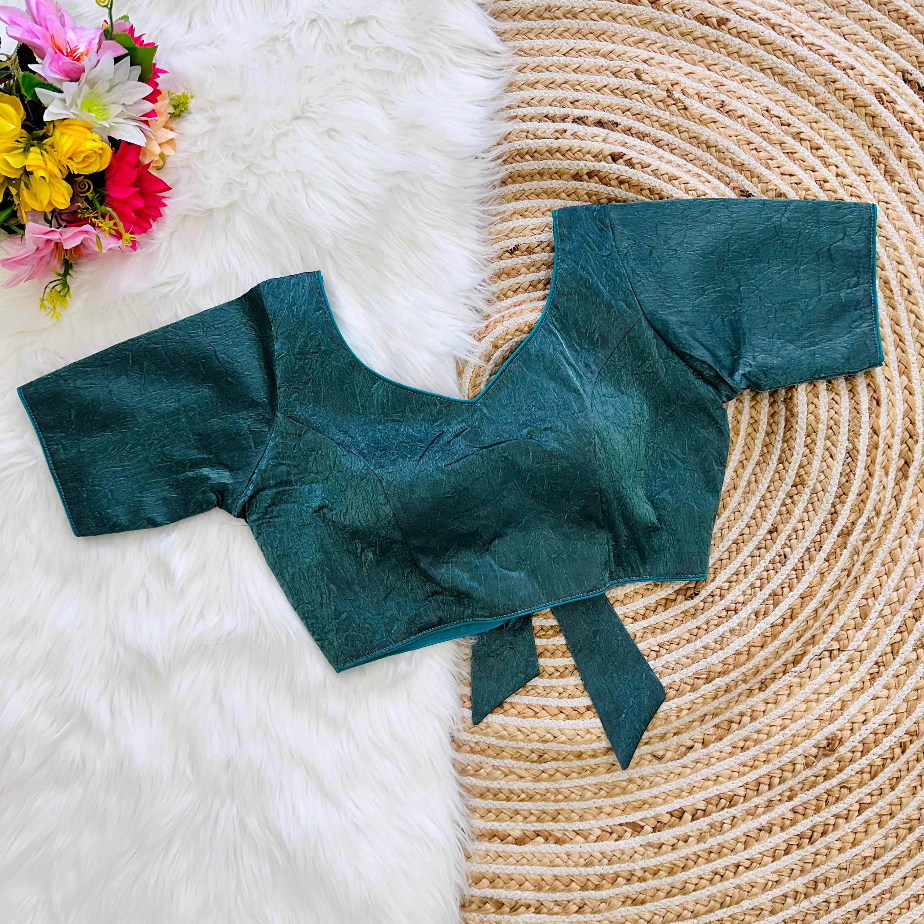 ClothsVilla Green Jio Silk Stylish Pure Metallic Blouse with Beautiful Back Pattern