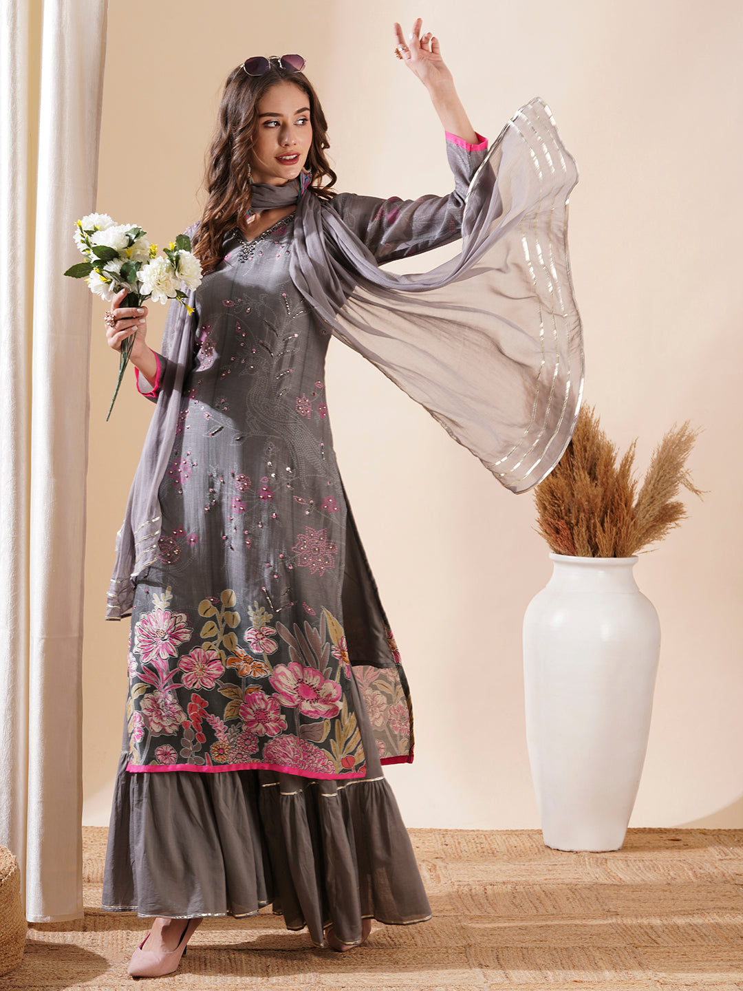 Fashor Ethnic Printed Cutdana & Sequins Embroidered Kurta with Sharara & Dupatta - Grey - view 2