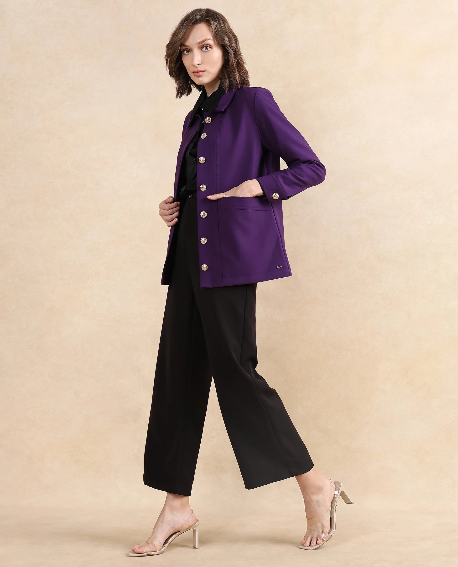 Rareism Women Yeppon Purple Cuffed Sleeve Collared Neck Button Closure Boxy Fit Hip Length Plain Jacket - view 7