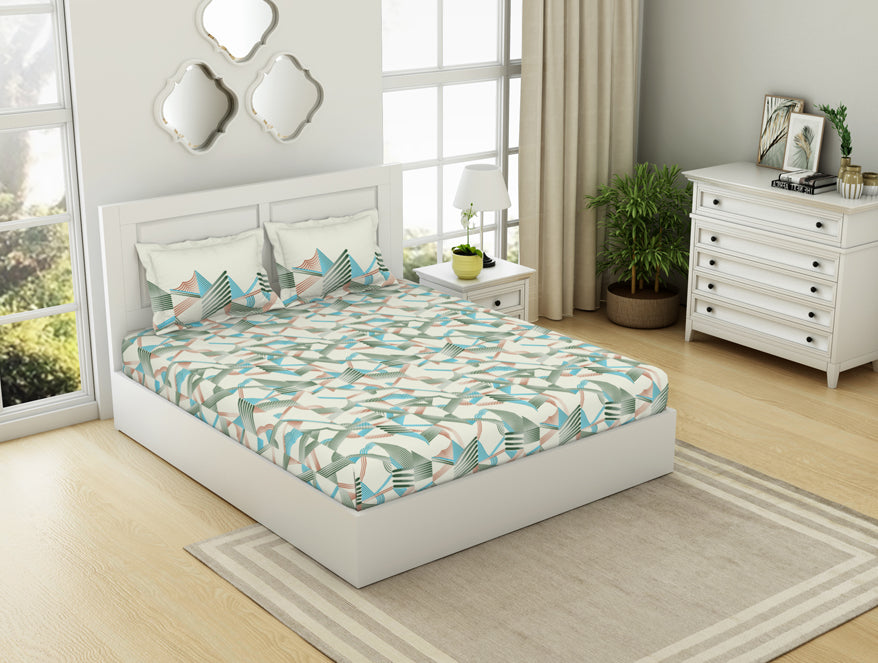 Spaces India Geometric Whisper Green - White 100% Cotton King Fitted Sheet - Geospace By Spaces - view 2