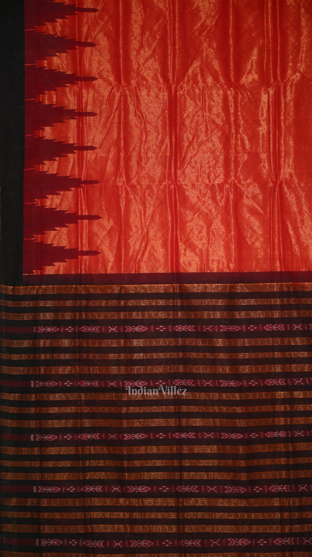 IndianVillèz Red Black Dual Tone Phoda Kumbha Sambalpuri Cotton Tissue Saree - view 3
