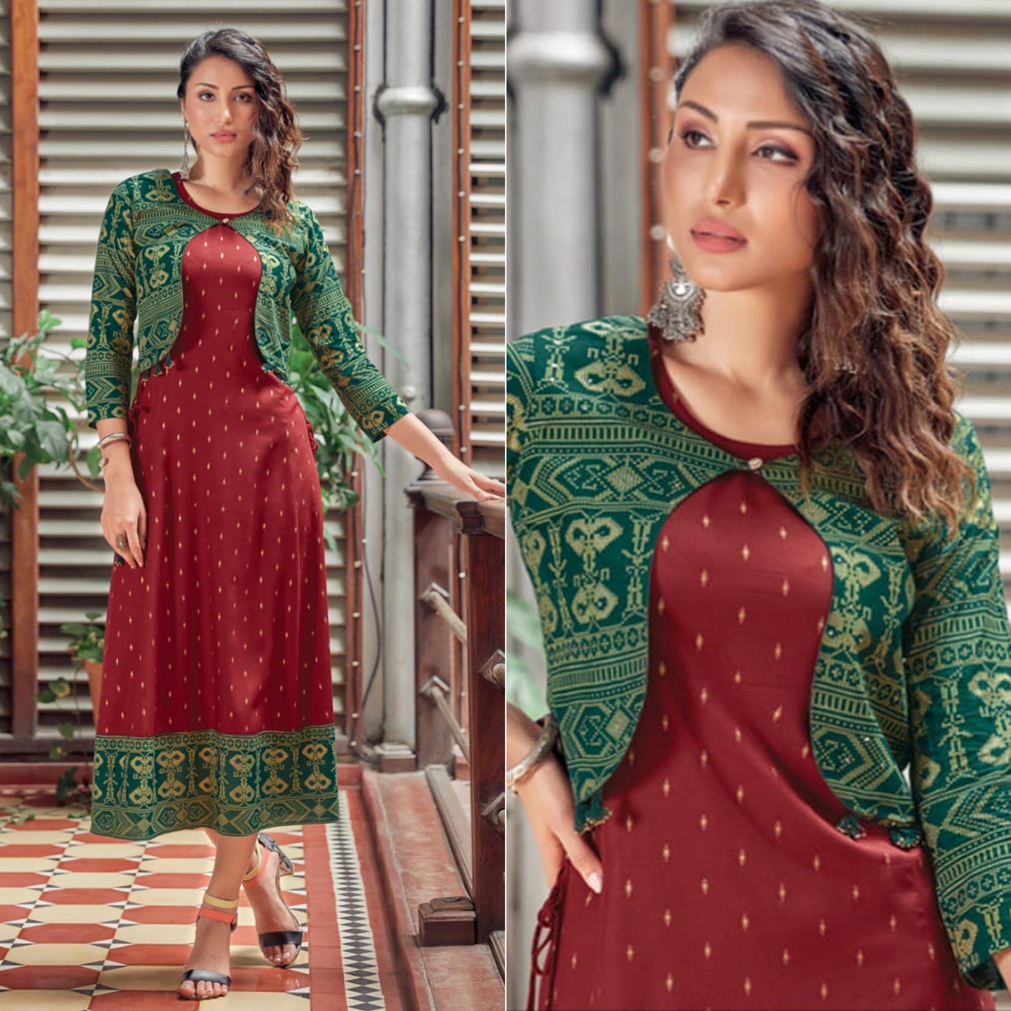 Peachmode Seller Maroon Printed Rayon Anarkali Kurti