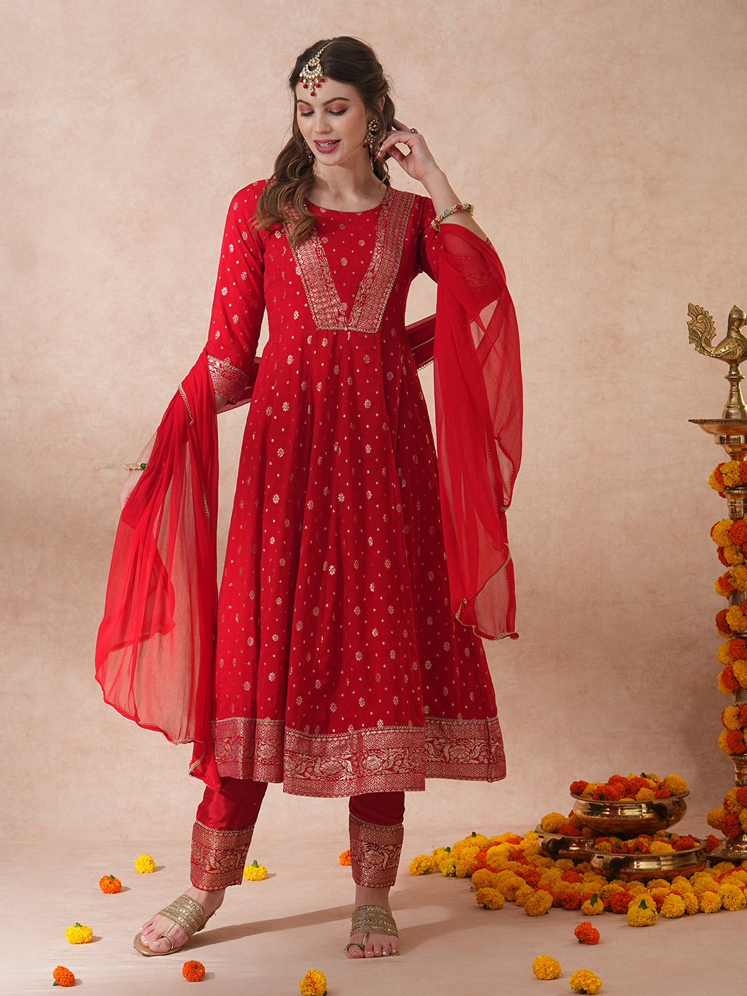FASHOR Ethnic Embroidered & Woven Anarkali Kurta with Pant & Dupatta - Red