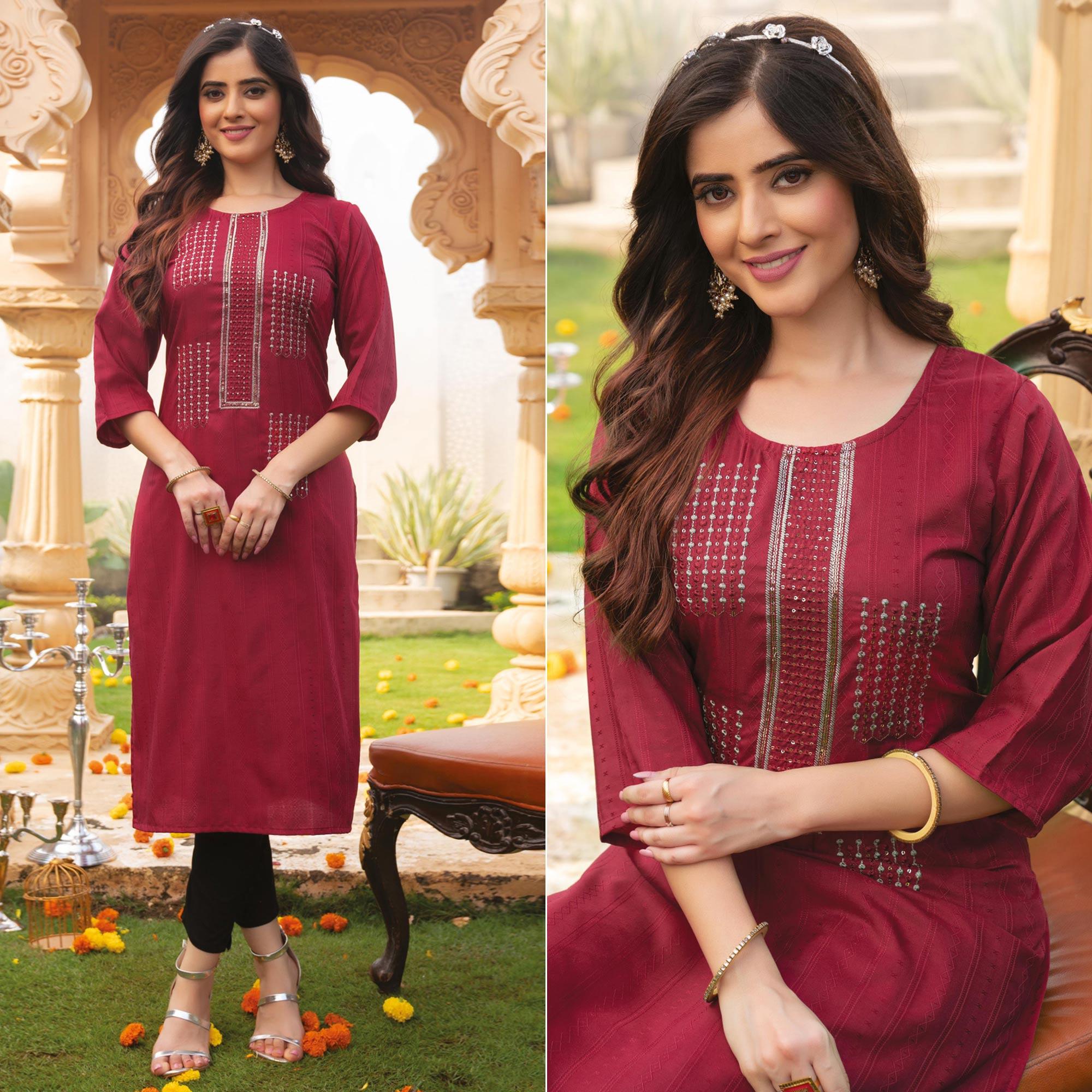 Peachmode Seller Maroon Embroidered Rayon Kurti