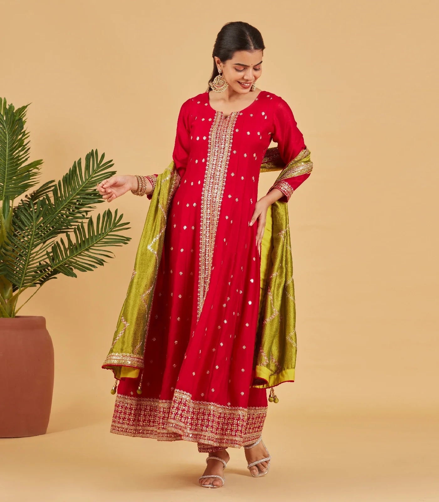 RmKV Bright Red Anarkali Set With Lime Green Dupatta - view 2