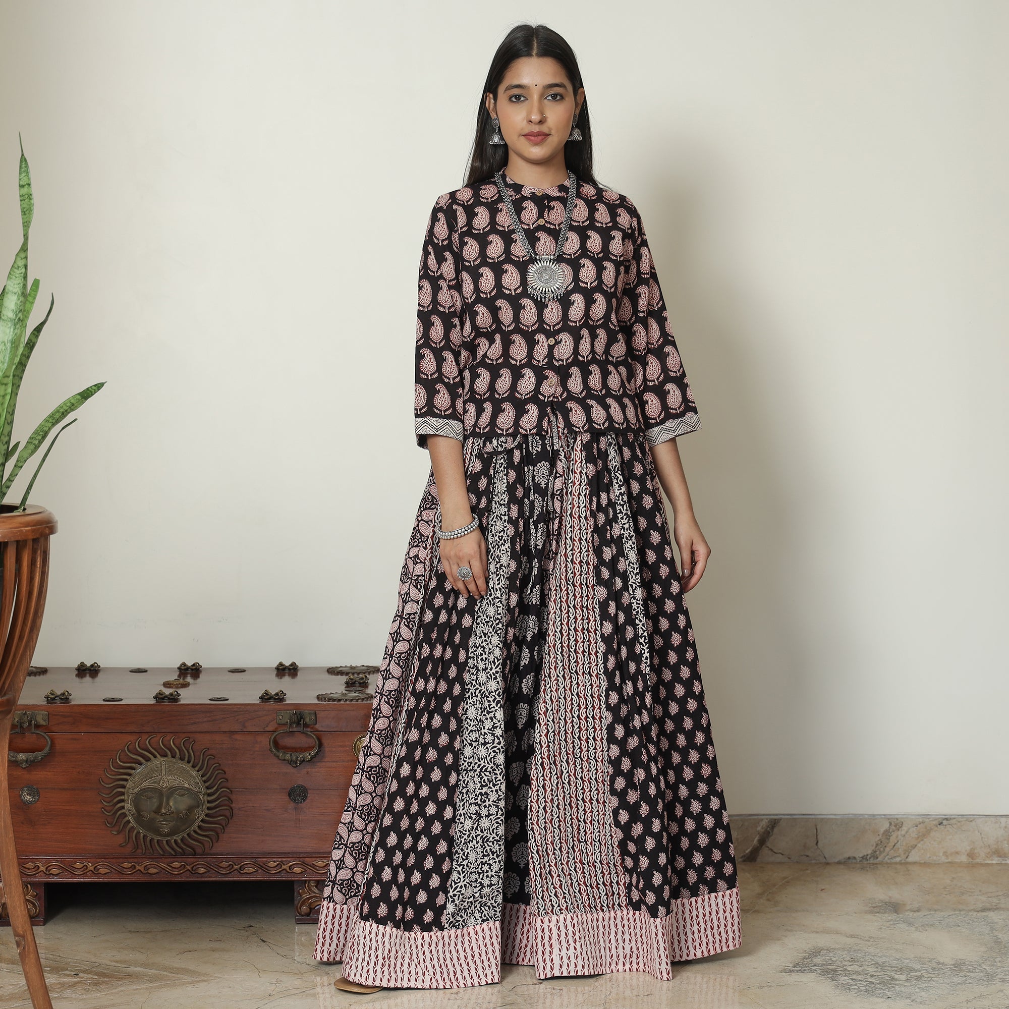 NOORI BAZAR Black - Bagh Block Printed Patchwork Cotton Long Skirt