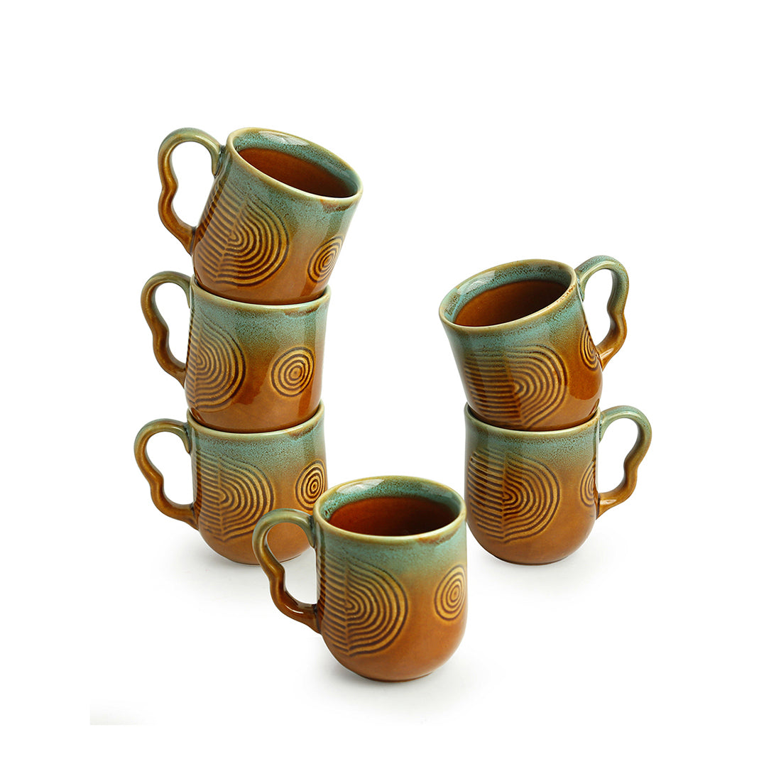 EXCLUSIVELANE 'Peacock Boulevard' Hand-Engraved Ceramic Coffee & Tea Cups (Set of 6, 180 ML, Microwave Safe) - view 2