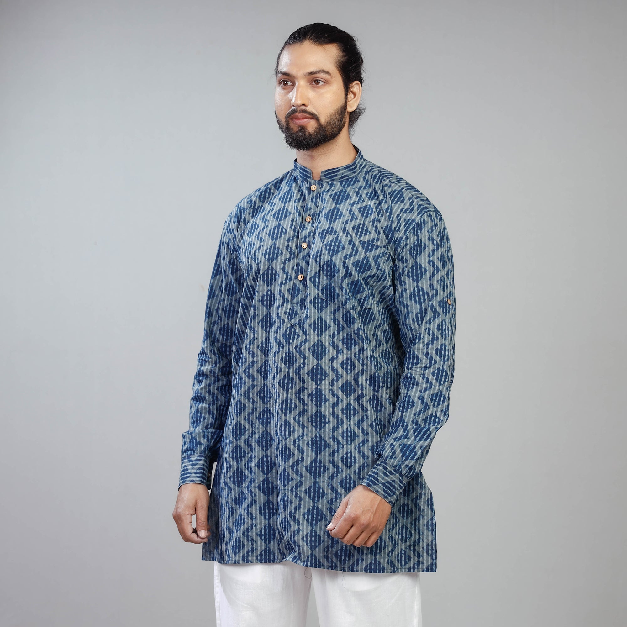 ITOKRI CASUALS Blue - Akola Block Printed Cotton Men Short Kurta - view 2