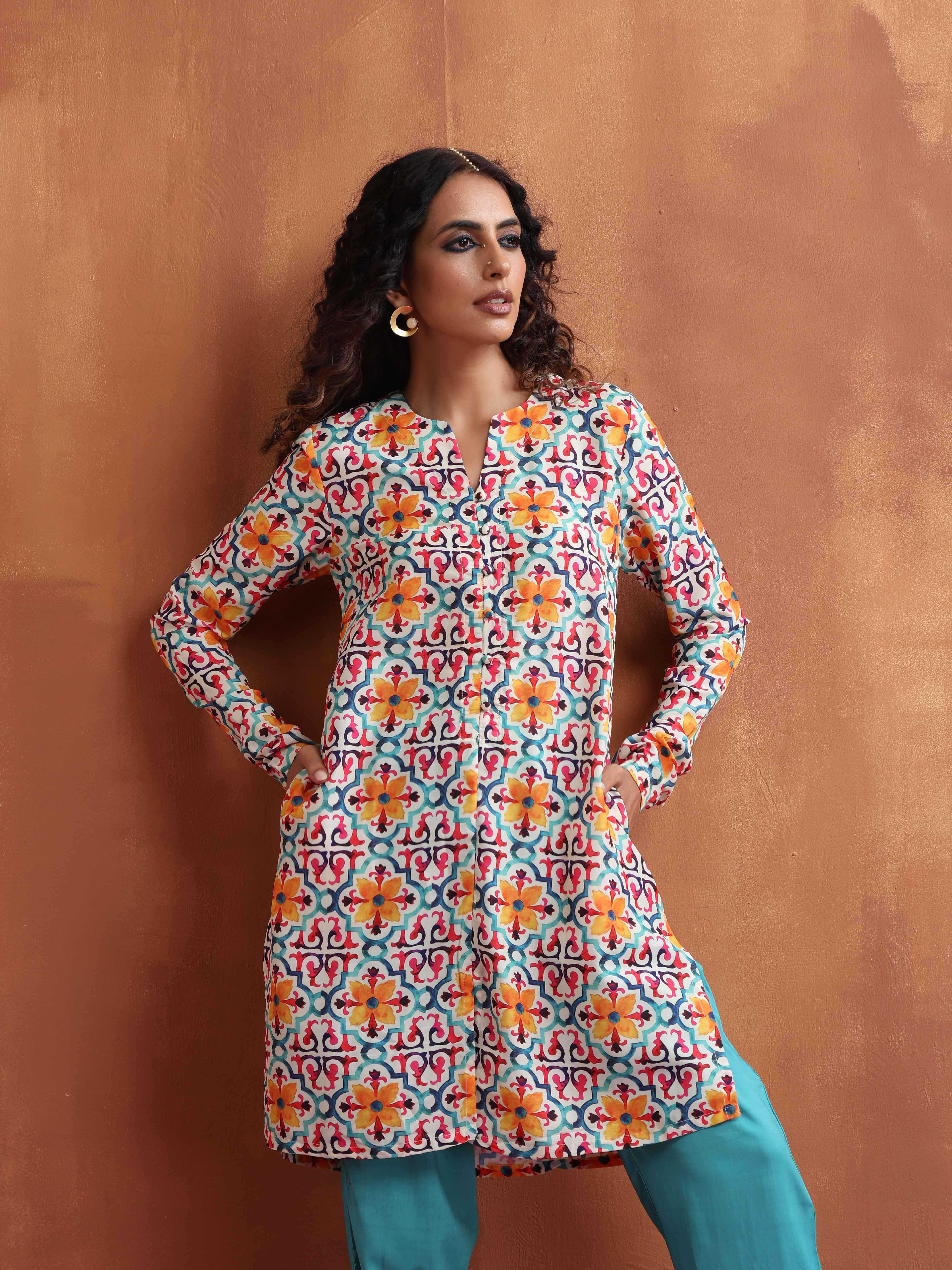 trueBrowns Off White Print Kurta Co-ord Set - view 3