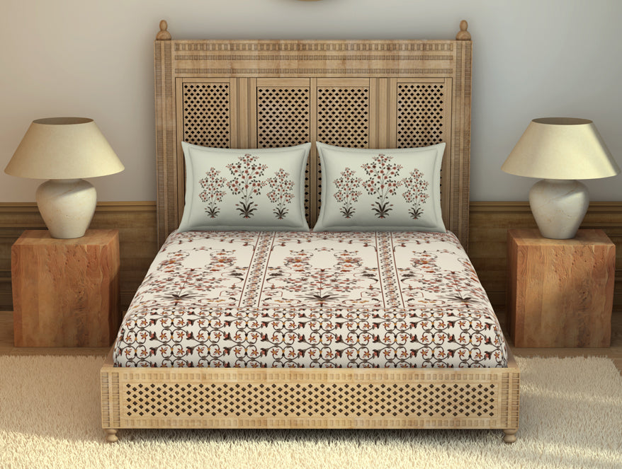 Spaces India Carving Ornate Beige 100% Cotton King Size Bedsheet - Rangana by Spaces