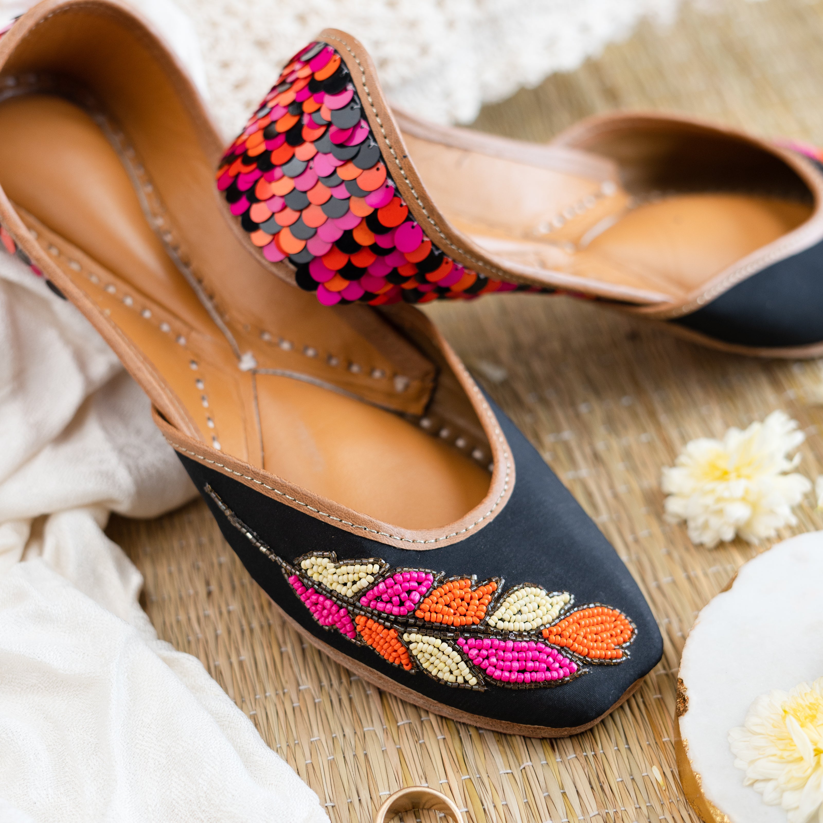 BlackTree Black Sequins and Beaded Leaf Jutti