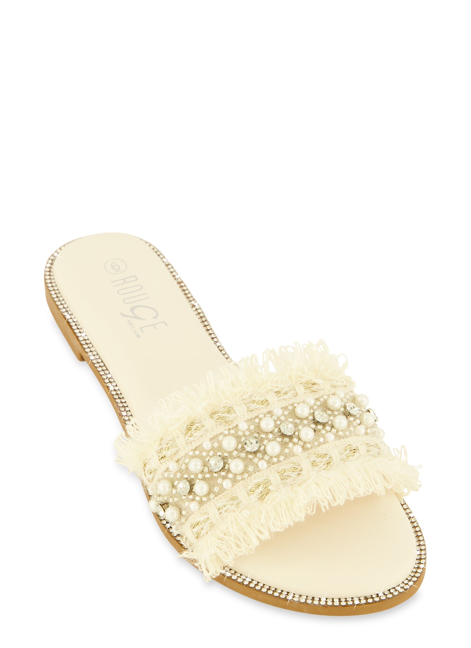 Rainbow Shops Rhinestone Trim Frayed Faux Pearl Band Slide Sandals