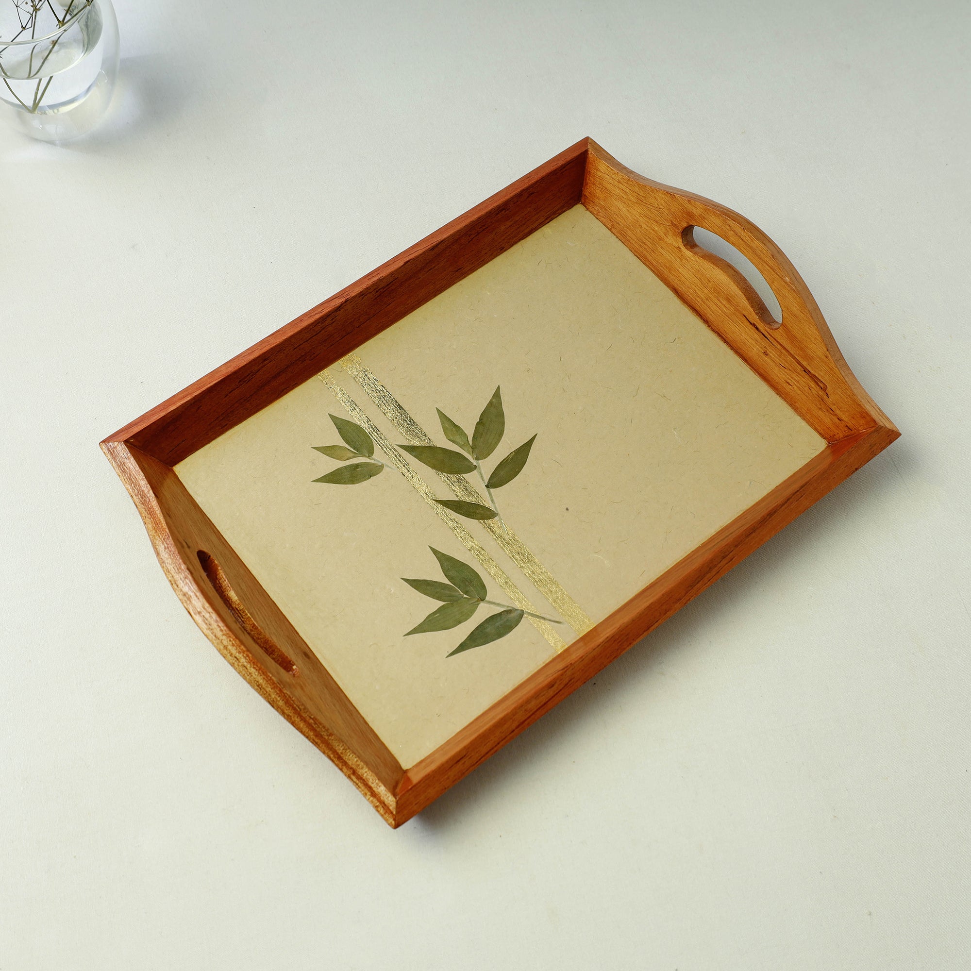 SHRADHANJALI - AN AUROVILLE UNIT Beige - Bamboo Art Work Wooden Tray with Handles (12.5 x 9 x 1 in) - view 2