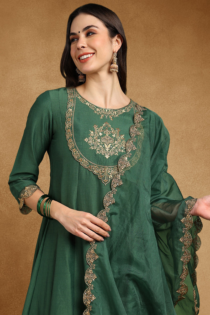 Ahika Green Silk Blend Solid Embroidered Anarkali Suit Set PKSKD2733 - view 2