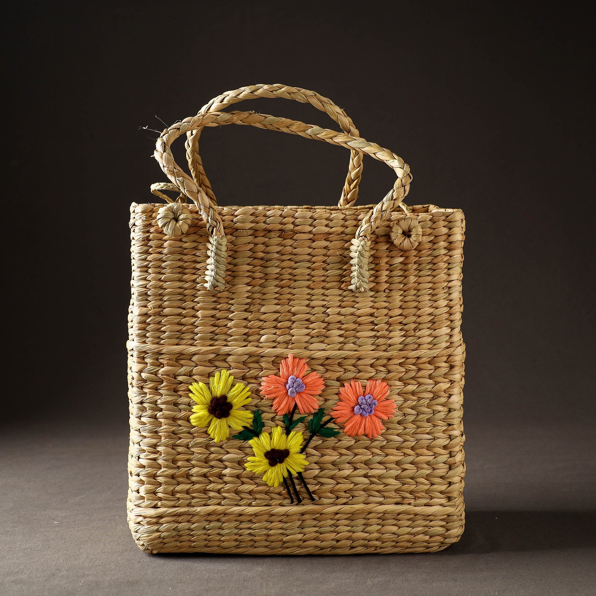 ITOKRI CRAFTS INITIATIVE Beige - Handcrafted Natural Water Reed Embroidered Shopping Bag