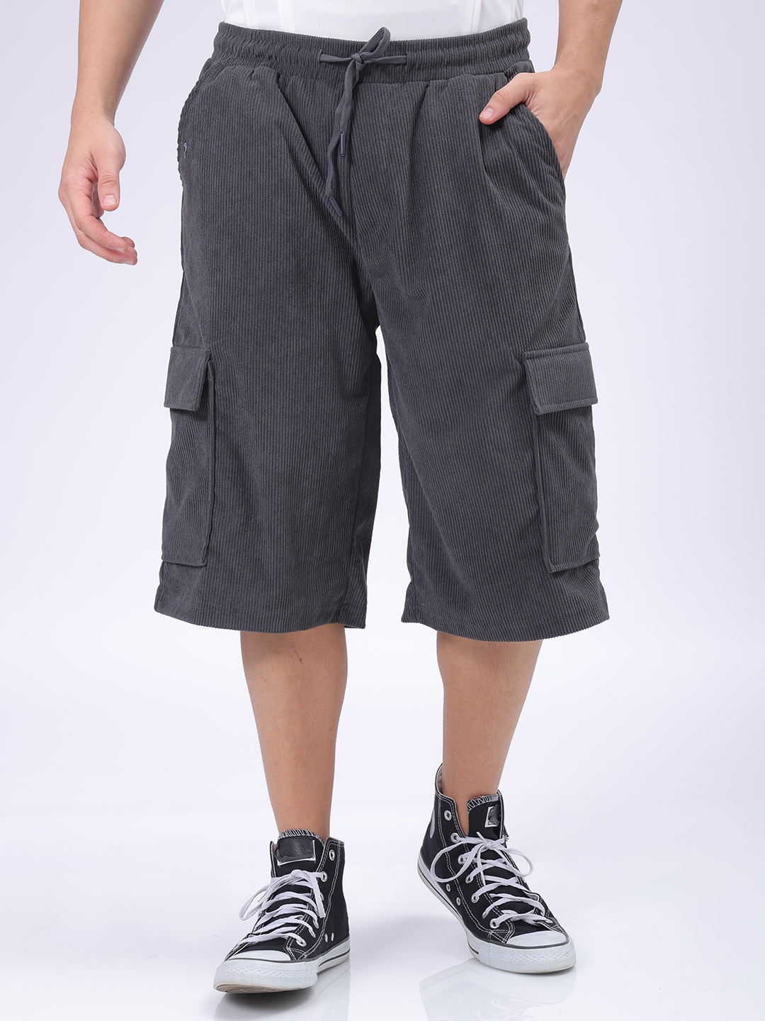The Indian Garage Co Men's Grey Loose Textured Utility Cargo Shorts