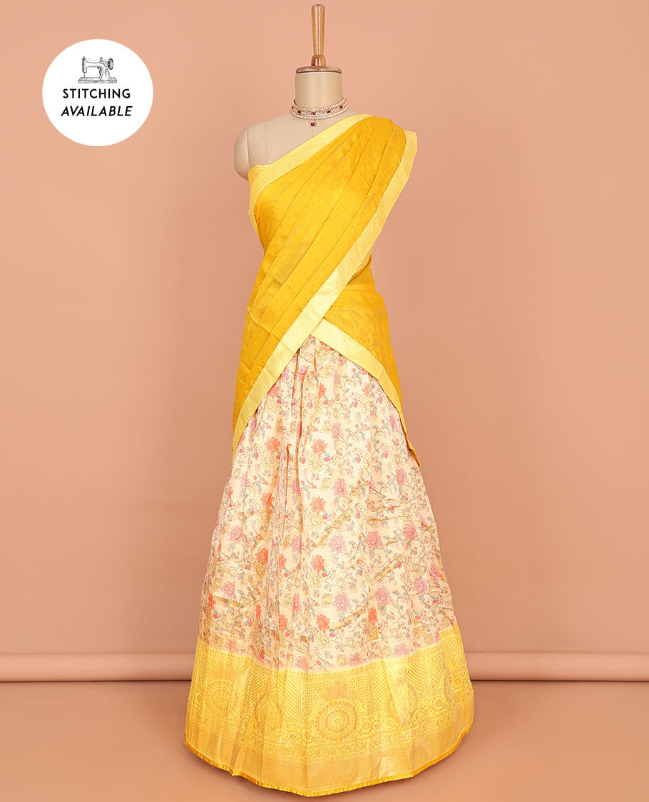 Pothys Yellow floral printed art silk half saree, contrast traditional design border, jacquard blouse & dhavani