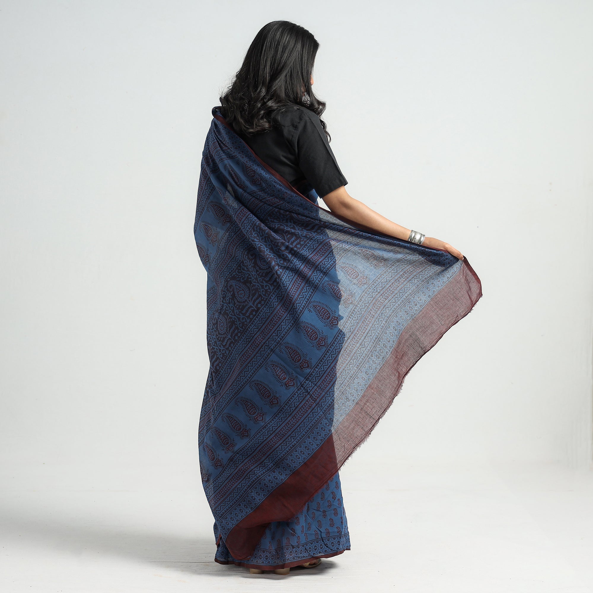 BAGH PRINTS BY YAKOOB KHATRI Blue - Bagh Hand Block Printed Cotton Saree - view 7