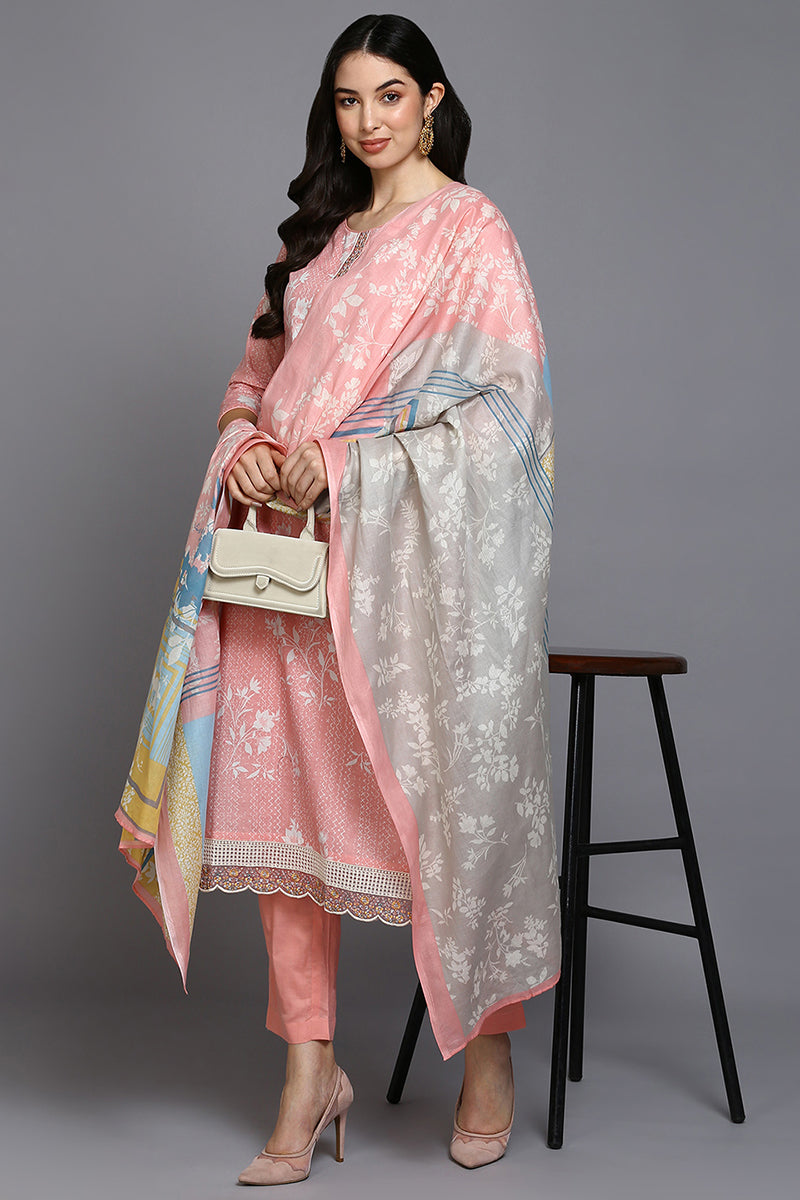 Ahika Peach Cotton Blend Ethnic Motifs Straight Suit Set VKSKD1879 - view 7