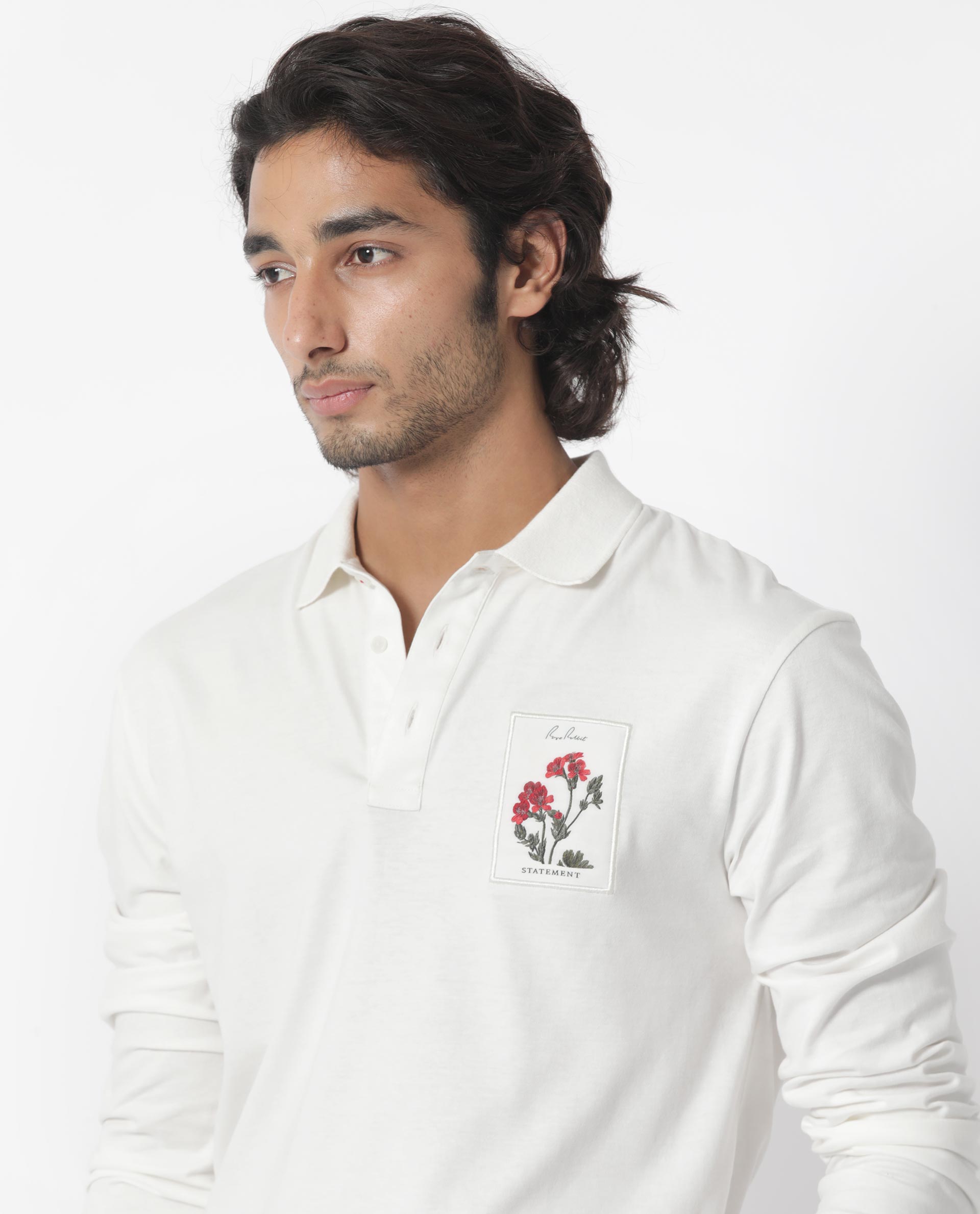 Rare Rabbit Men's Raz Off White Collared Neck Statement Chest Label Full Sleeve Polo T-Shirt - view 5