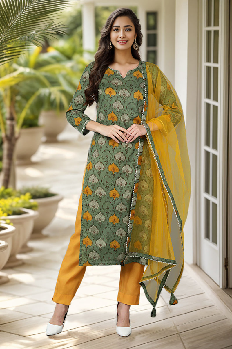 Ahika Green Rayon Blend Ethnic Motif Printed Straight Suit Set VKSKD1721