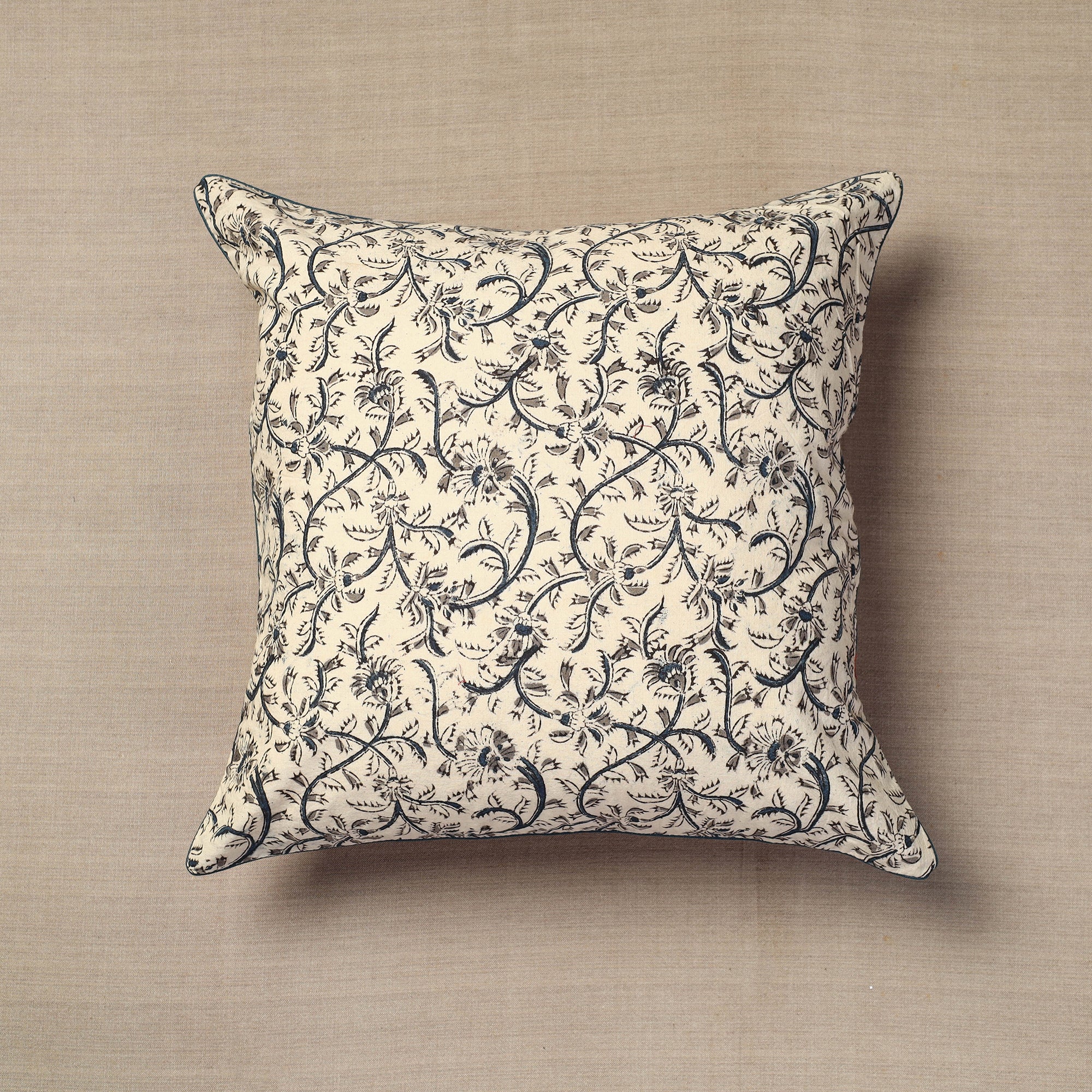 NOORI BAZAR Beige - Block Print Cotton Kalamkari Cushion Cover (16 x 16 in) 11