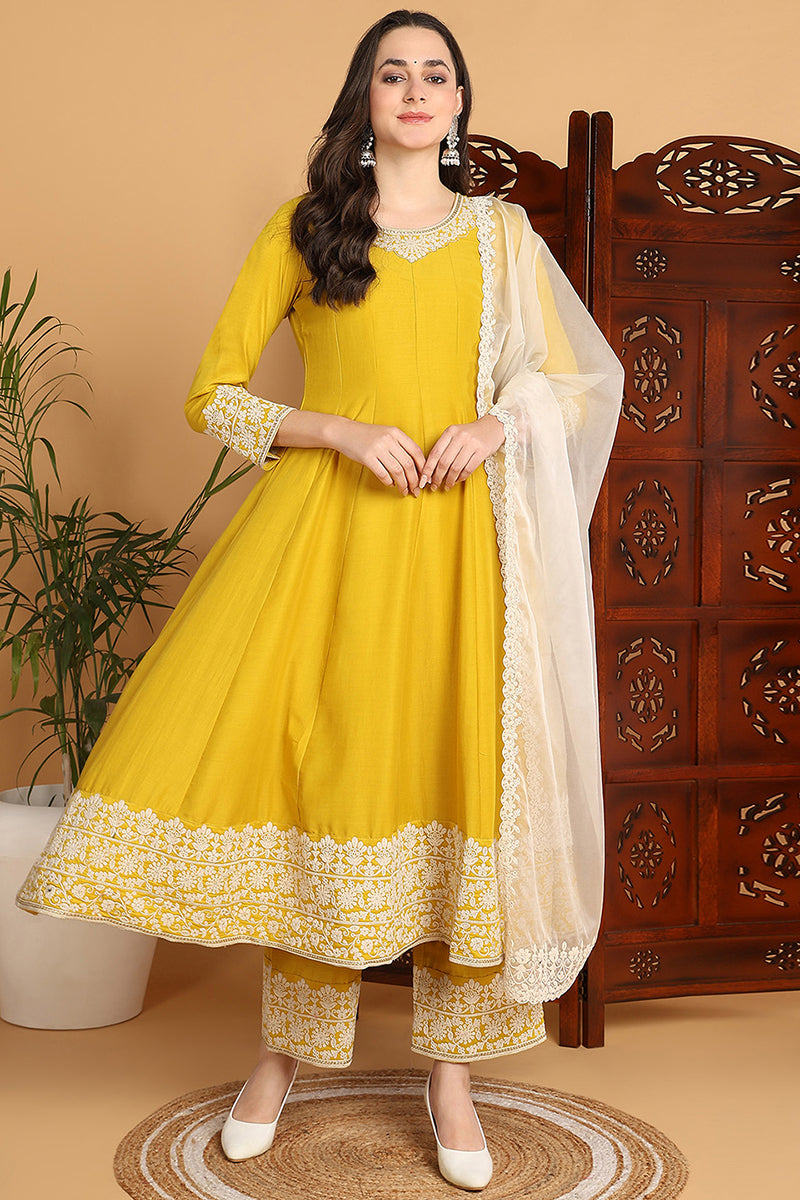 Ahika Yellow Silk Blend Solid Embroidered Flared Suit Set PKSKD2193