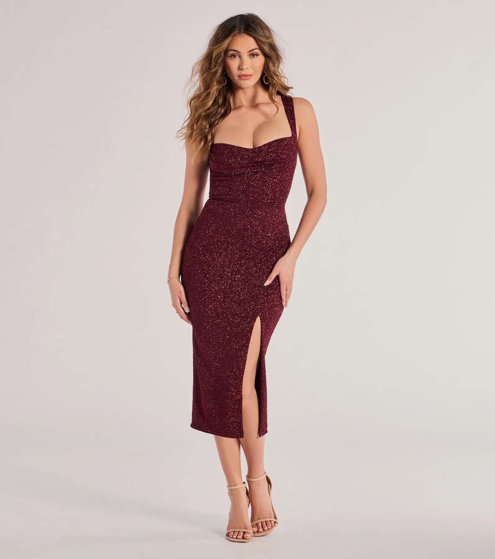 Windsor Arlette Lace-Up High Slit Glitter Knit Midi Dress
