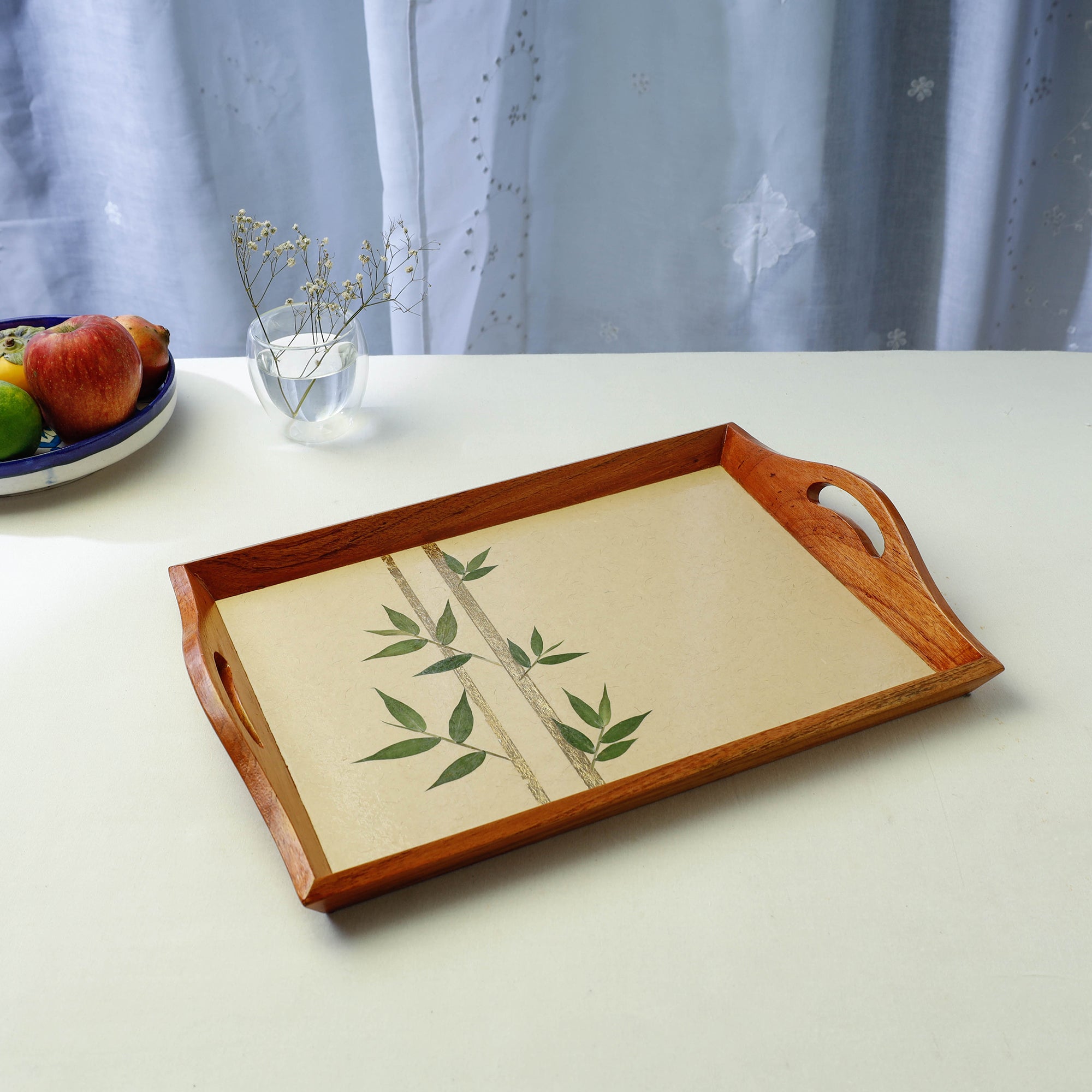 SHRADHANJALI - AN AUROVILLE UNIT Beige - Bamboo Art Work Wooden Tray with Handles (16.5 x 12.5 x 1 in)