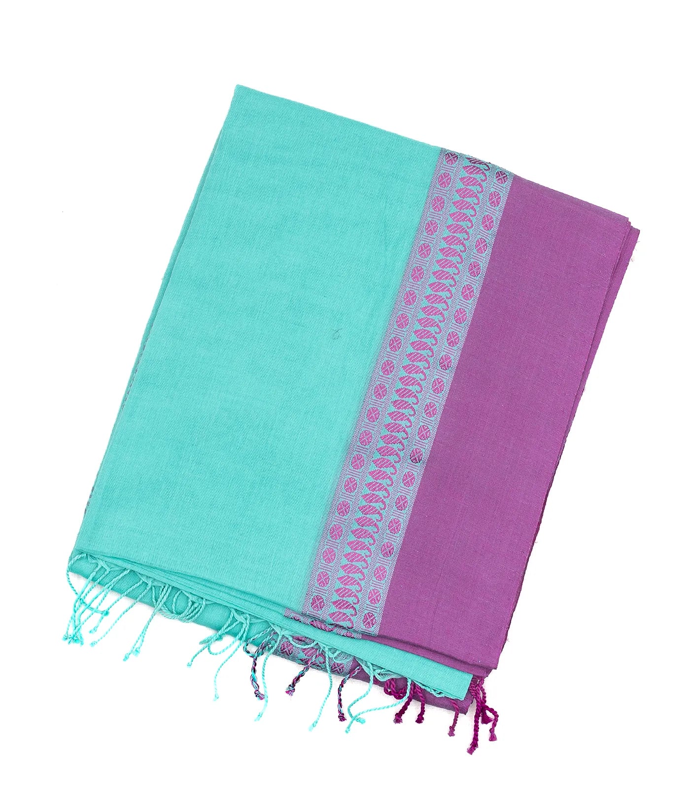 RmKV Turquoise Handloom Plain Bengal Cotton Saree With Purple Border