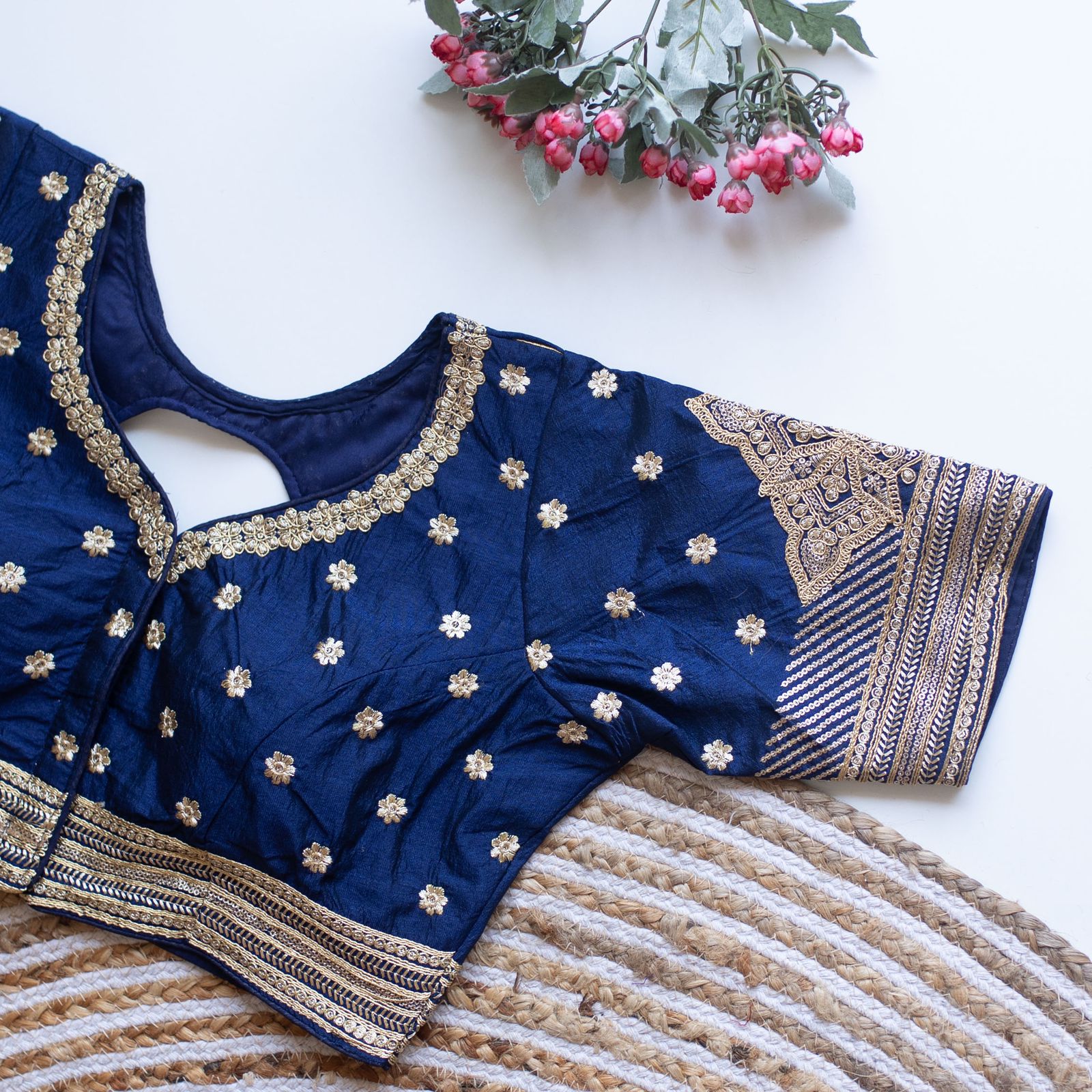 ClothsVilla Blue Golden Embroidered Blouse with Sequins – Caterpillar Silk Elegance