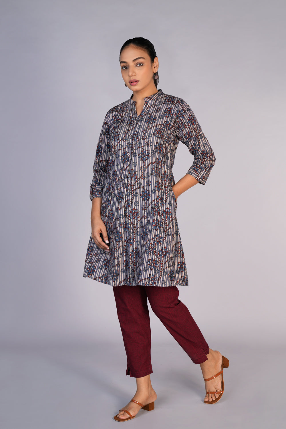 Kalanjali Ethnics Grey Blue Kalamkari handblock printed dress