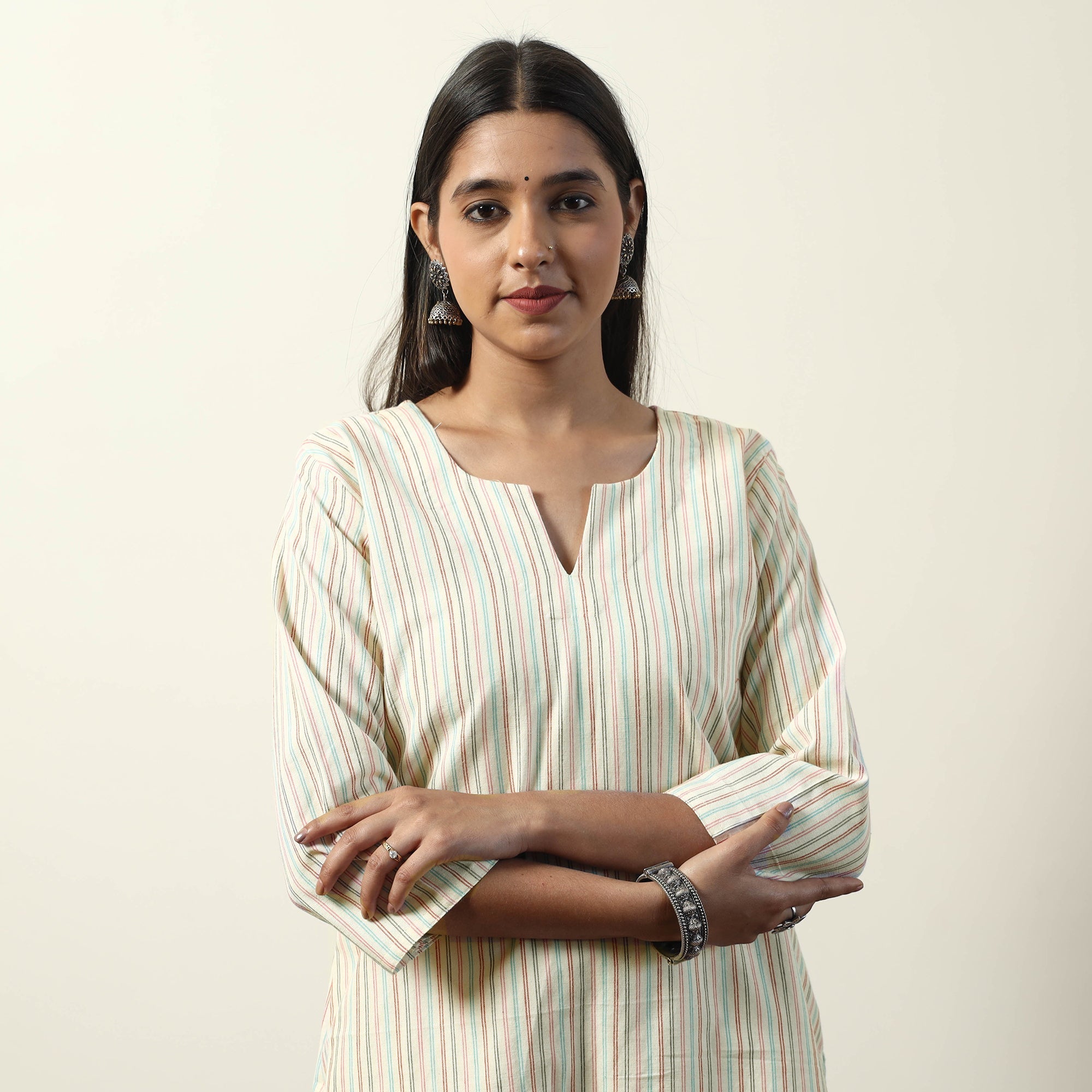 ITOKRI CASUALS Beige - Jhiri Handloom Cotton Straight Short Kurta