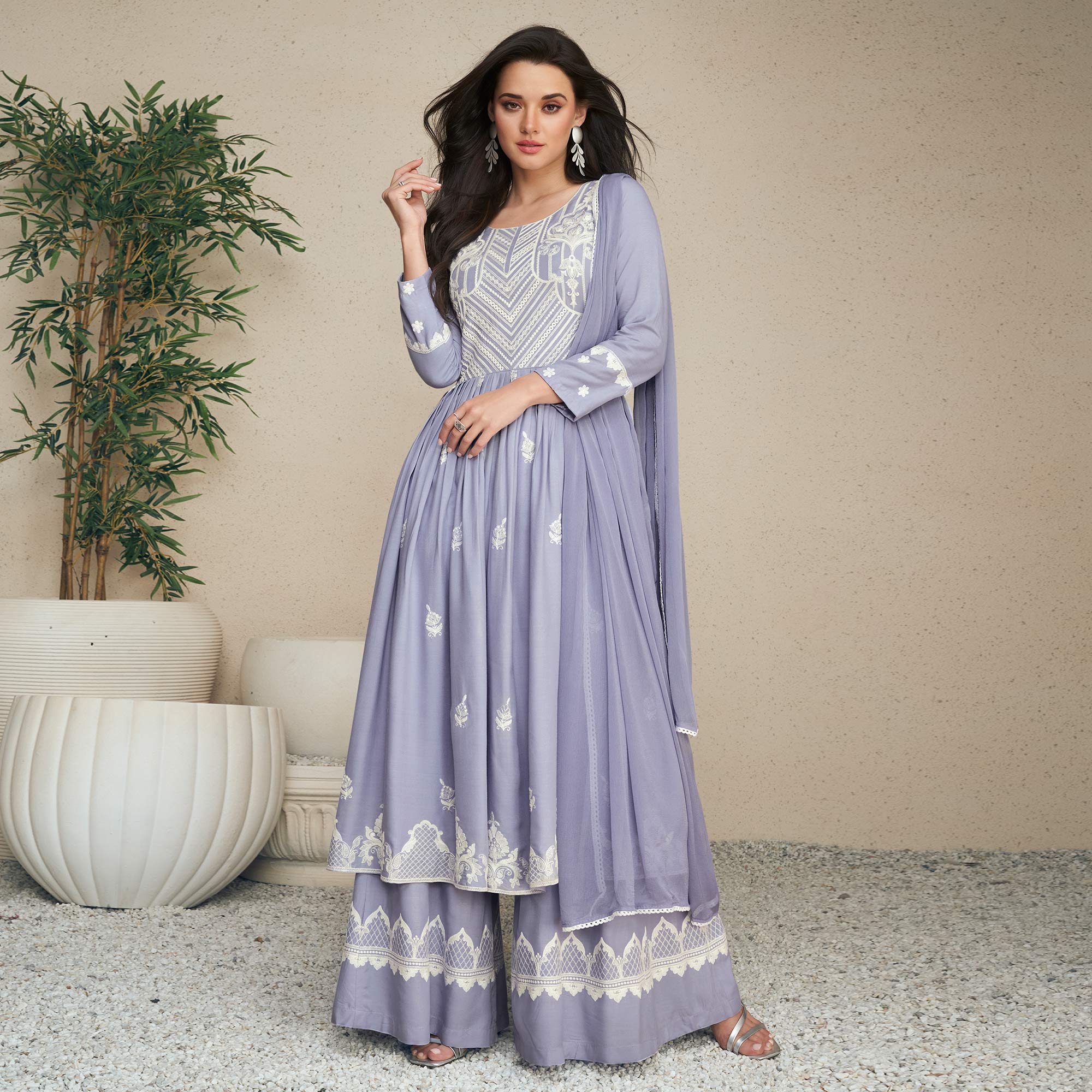 Peachmode Light Purple Lucknowi Embroidered Rayon Palazzo Suit - view 2
