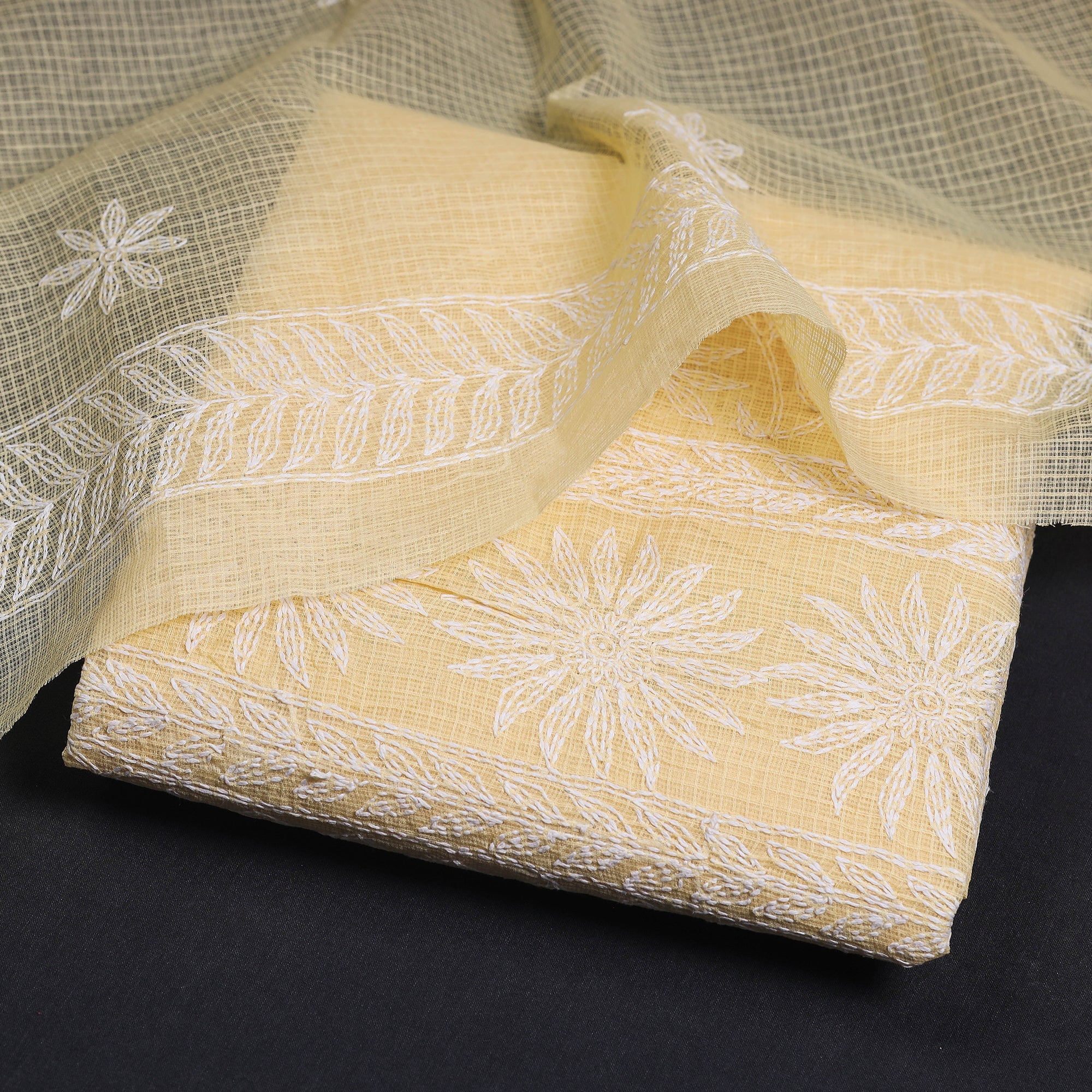 ITOKRI CRAFTS INITIATIVE Beige - 2pc Hand Embroidery Kota Doria Chikankari Dress Material - view 2