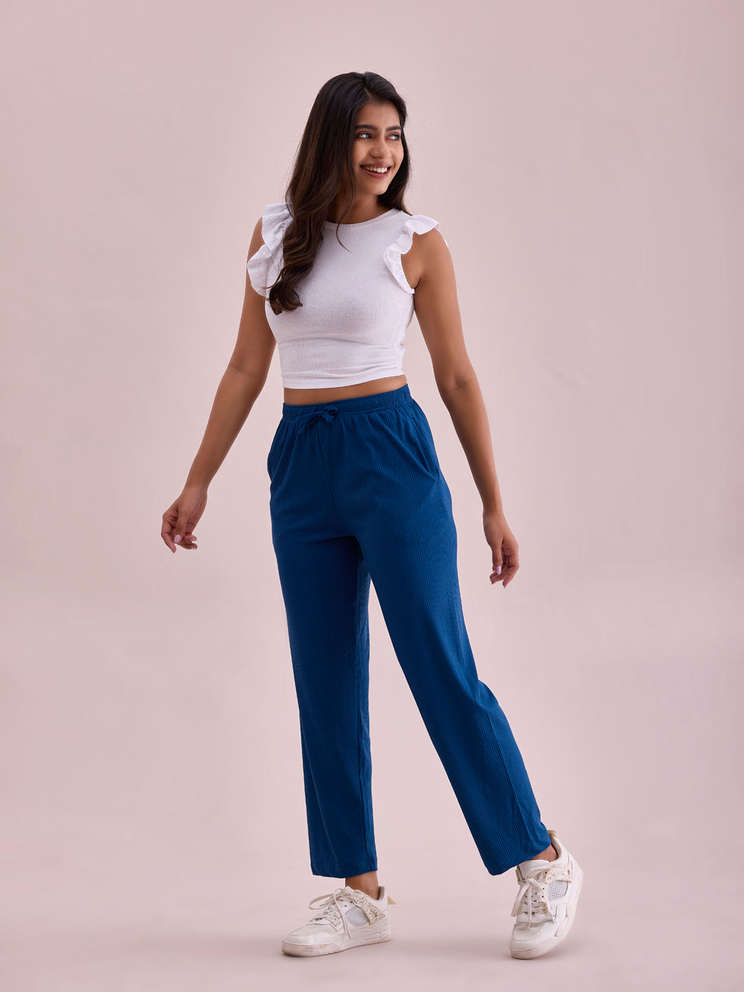 Go Colors Women Solid Turquoise Blue Mid Rise Casual Rib Pants