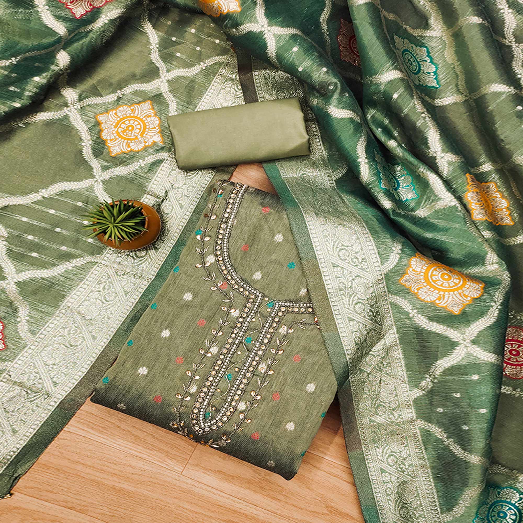 Green dress materials (unstitched) – BlackTree green-woven-with-handwork-simmer-jacquard-dress-material-1