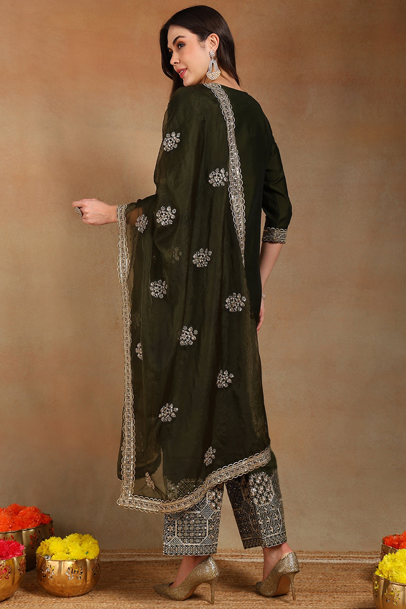 Ahika Olive Green Silk Blend Solid Straight Suit Set PKSKD2744 - view 4