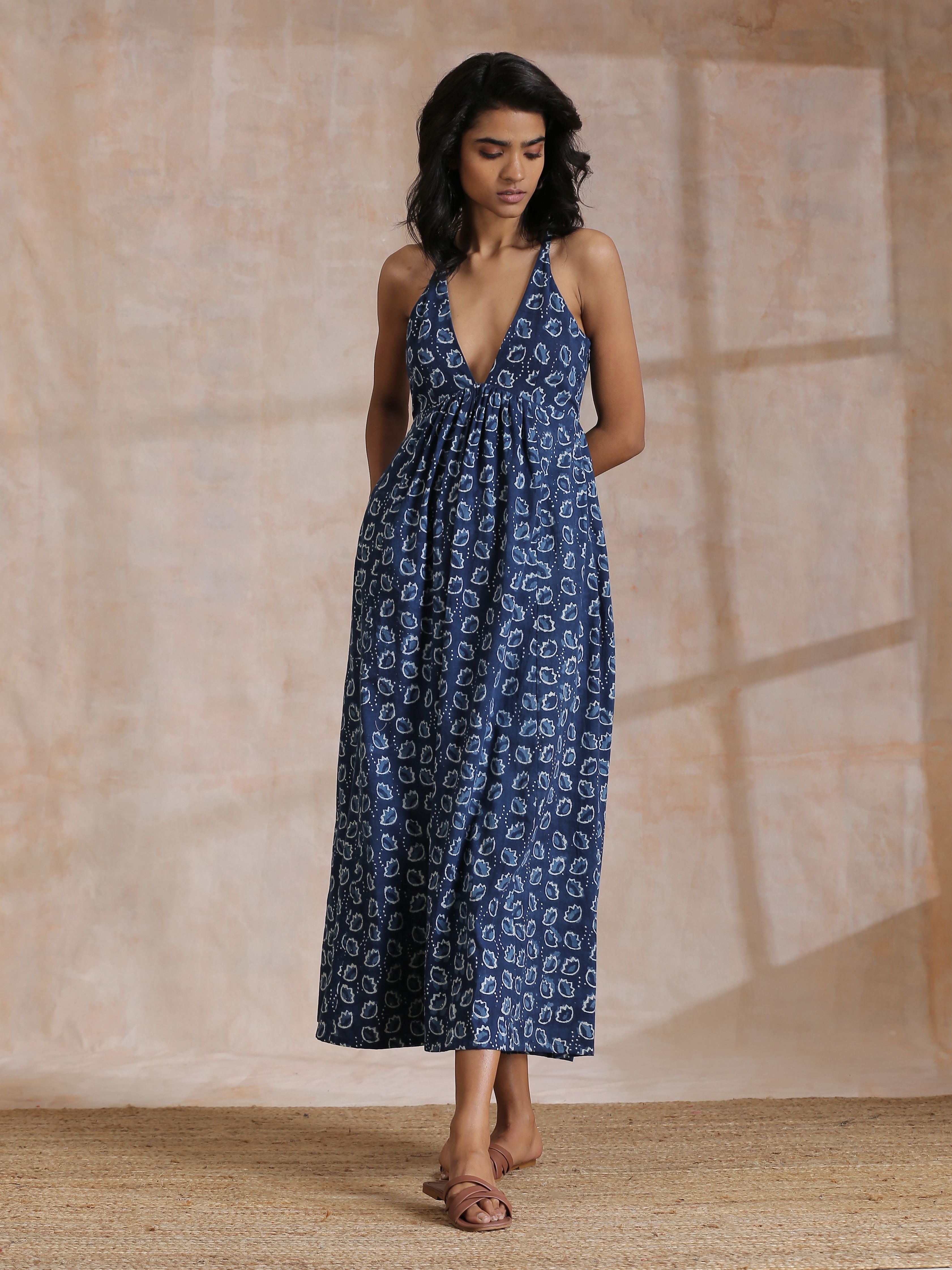 Indigo Dabu Floral Print Cotton Sleeveless Dress | Relove - view 3