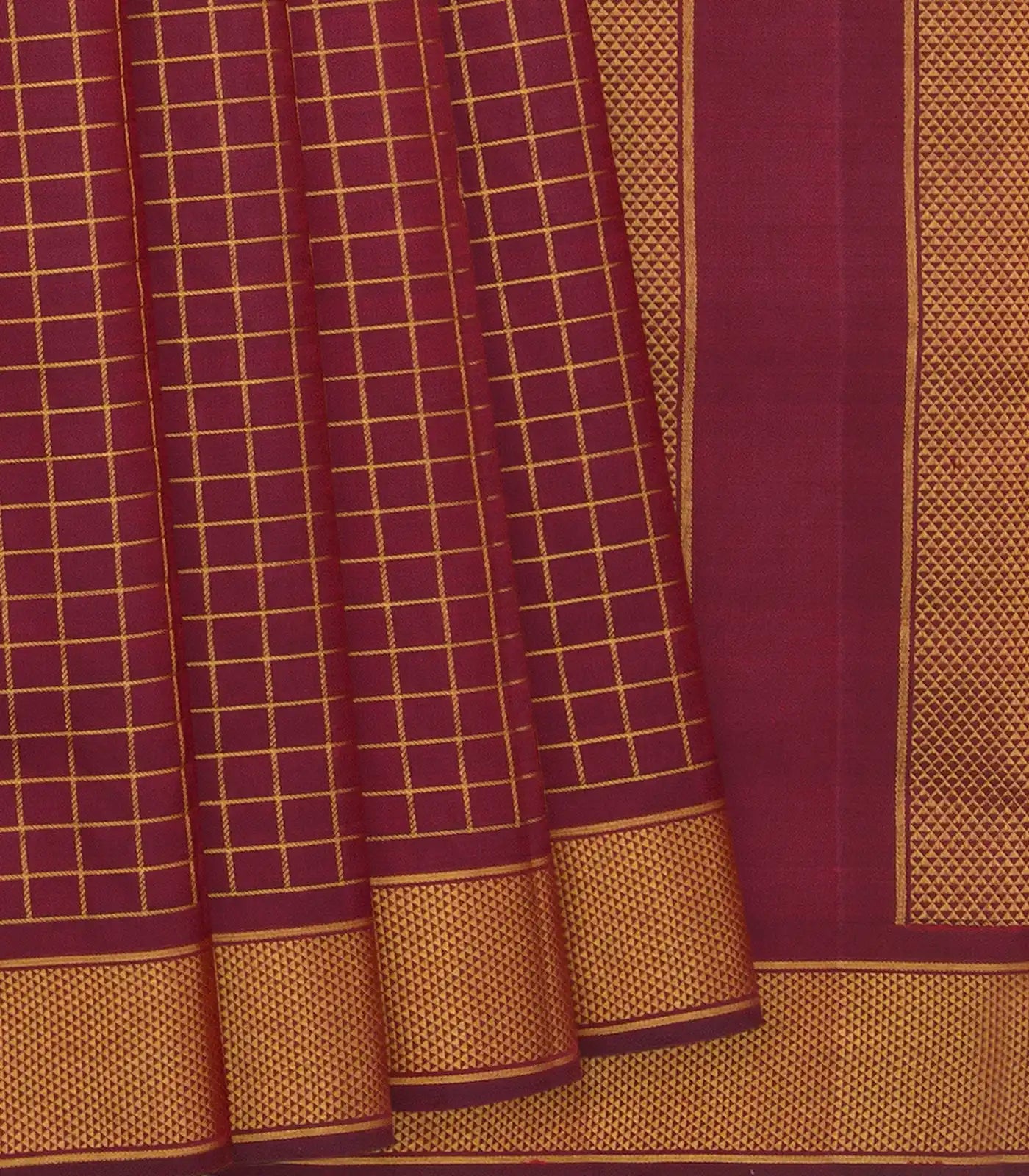 RmKV Crimson Hand woven Kanchipuram Silk Saree With Zari Checks & Araimadam Motifs In Border-Crimson