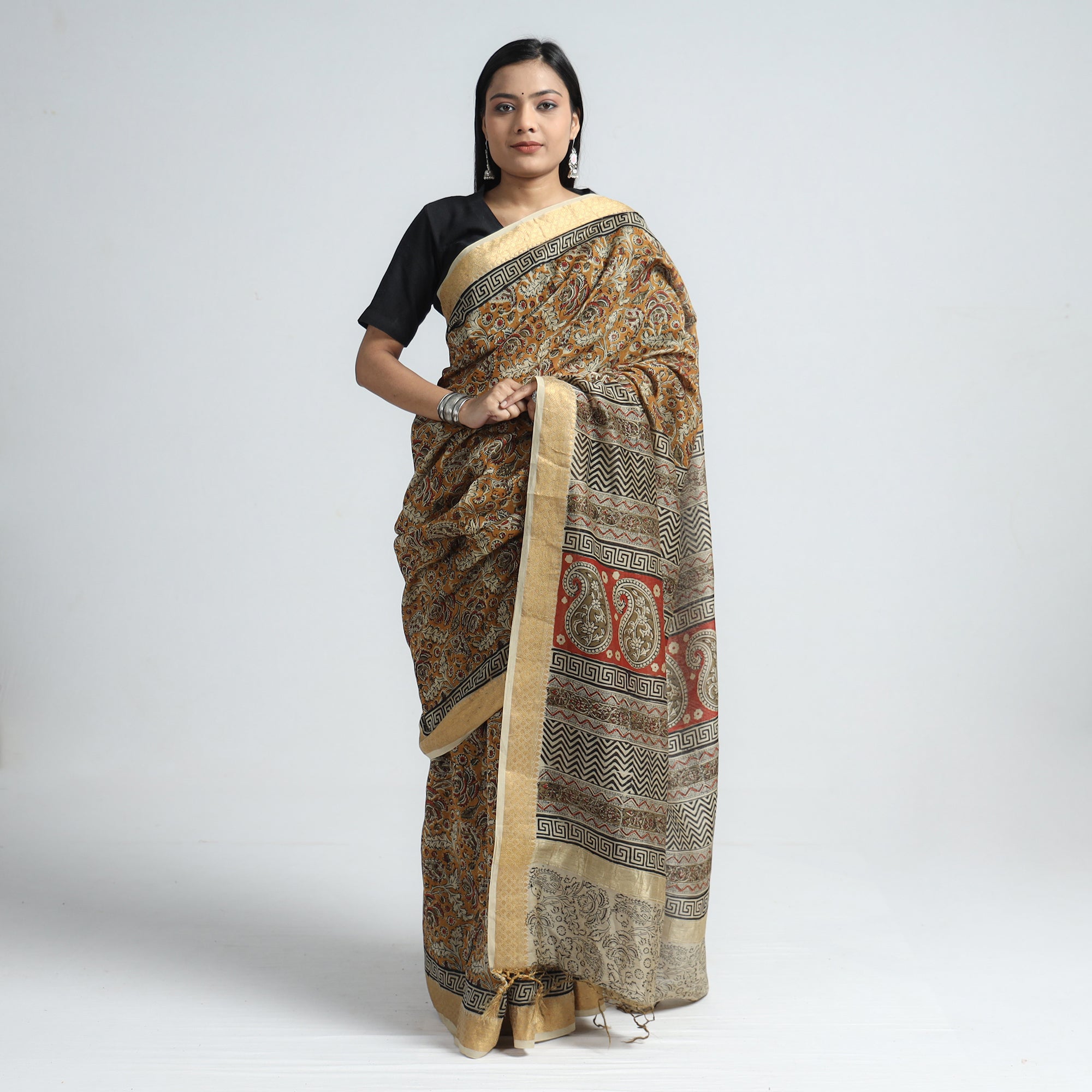 VENKATA BHANU KALAMKARI PEDANA Brown - Original Pedana Kalamkari Block Print Silk Saree - view 2
