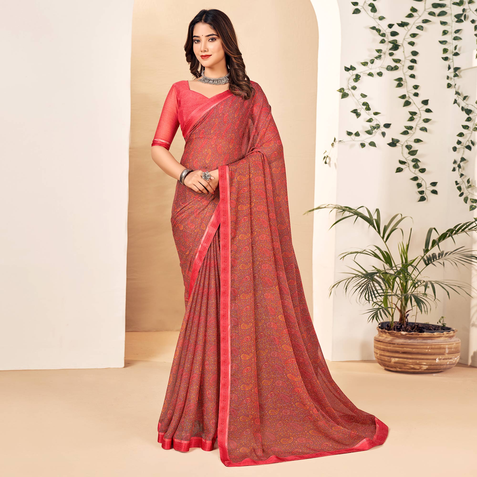 Peachmode Gajari Pink Floral Printed Chiffon Saree With Lace Border