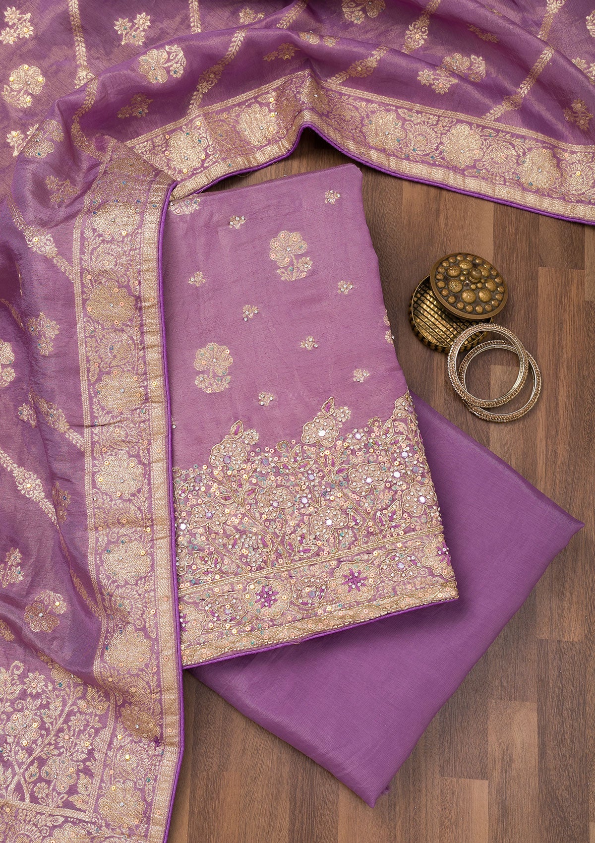 Koskii Purple Zariwork Semi Crepe Unstitched Salwar Suit