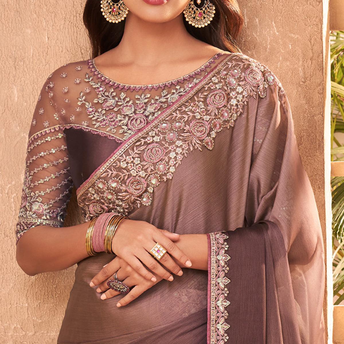 Peachmode Brown Nude Partywear Embroidered Silk Saree - view 2