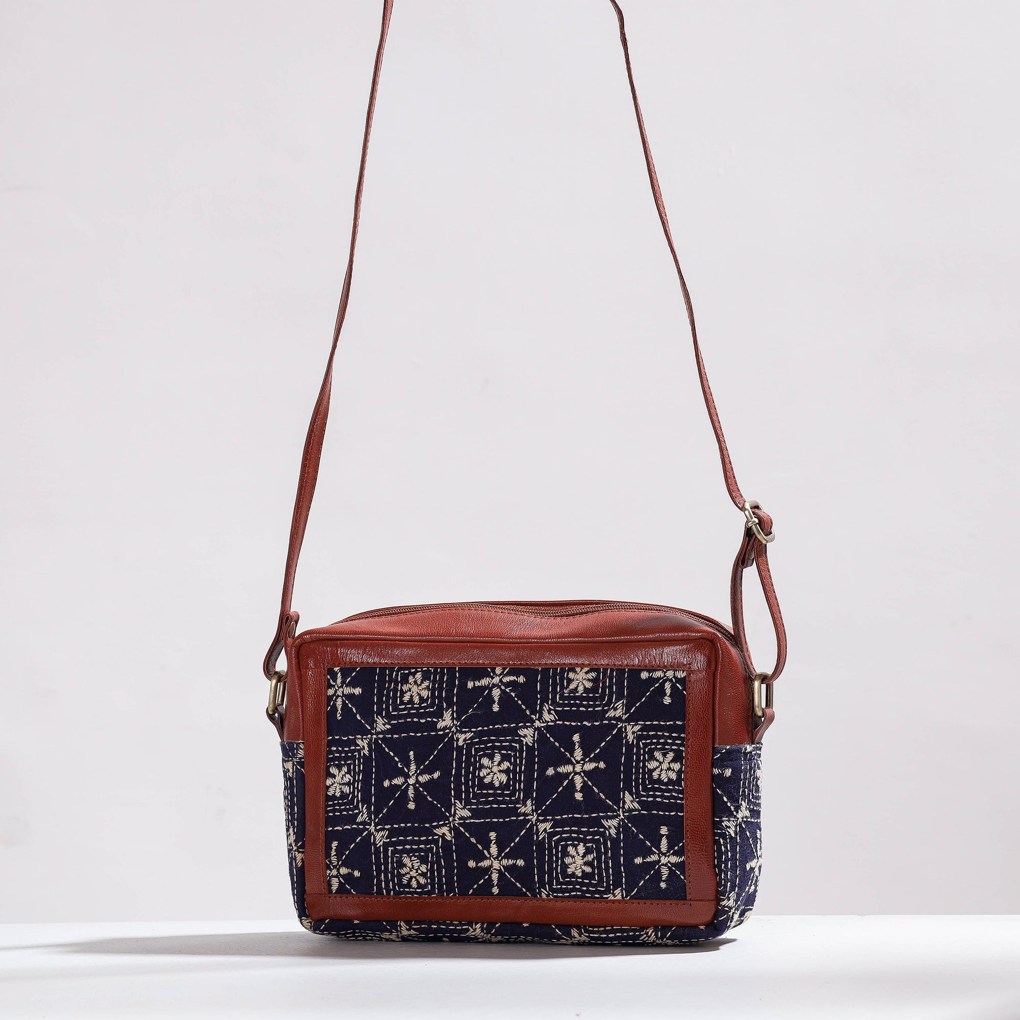 ASALKAAR Brown - Handcrafted Kantha Embroidery Cotton & Leather Sling Bag - view 2