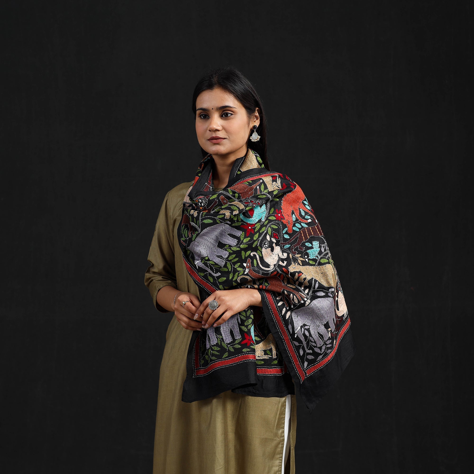 KHUSHBASH - HAPPY LOOM OF EAST Black - Handloom Silk Bengal Kantha Work Stole 31