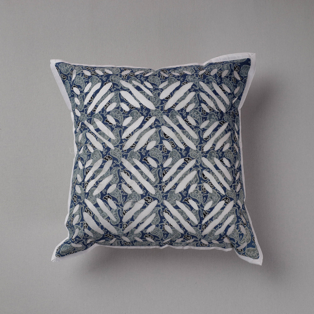 SHADES OF MARUDHARA Blue - Cutwork Cotton Applique Cushion Cover (16 x 16 in)
