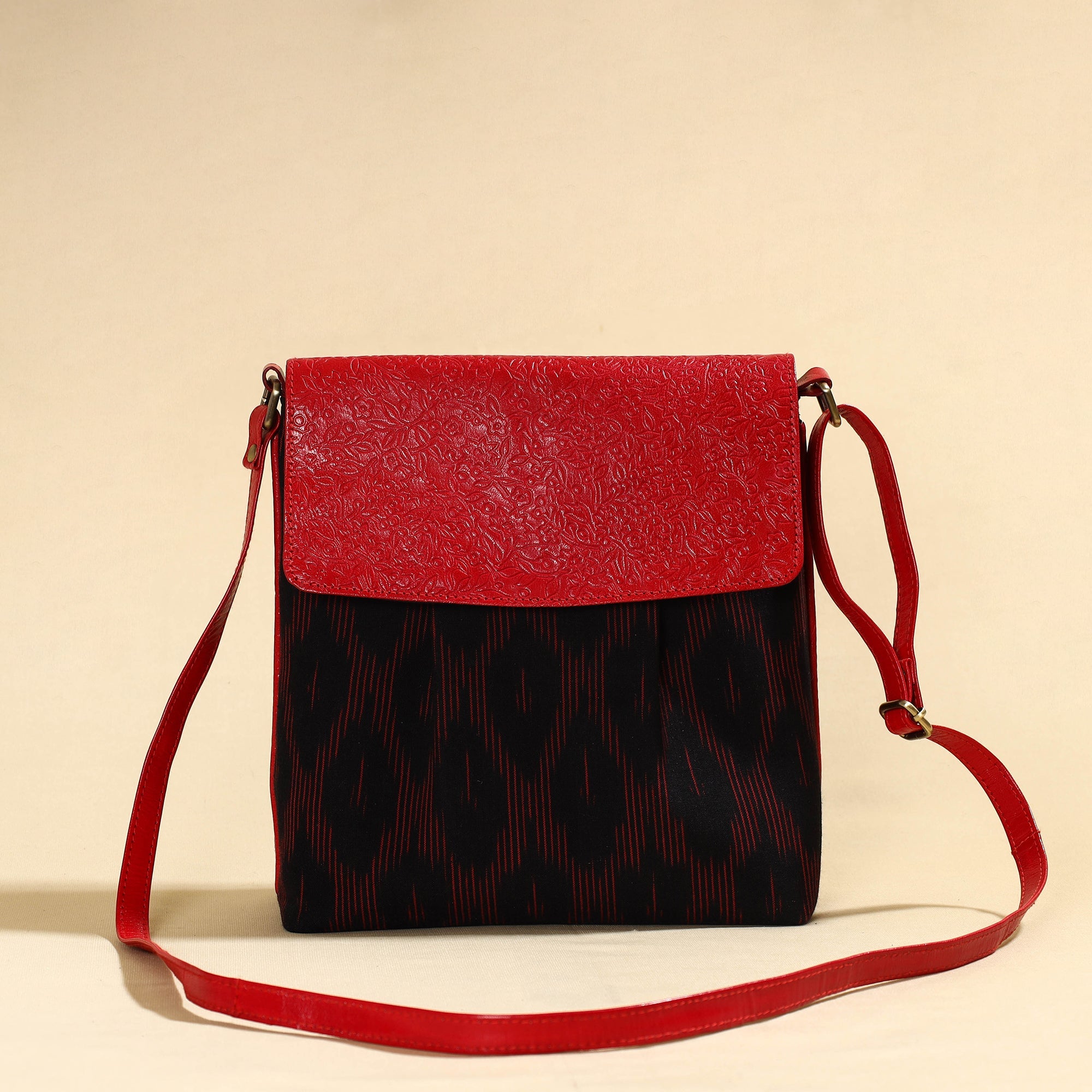 ASALKAAR Black - Handcrafted Ikat Fabric Sling Bag with Embossed Leather Flap - view 2